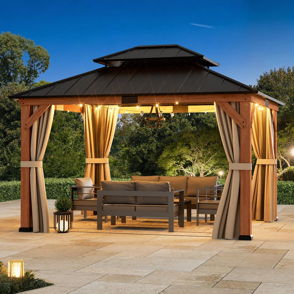 Big Leaf Wood Gazebo 13'x15', Cedar Frame Hardtop Gazebo with Double Galvanized Steel Roof & Grill Shelter, Mosquito Netting and Curtains, Sturdy Hook Design for Outdoor Patio, Deck, Garden