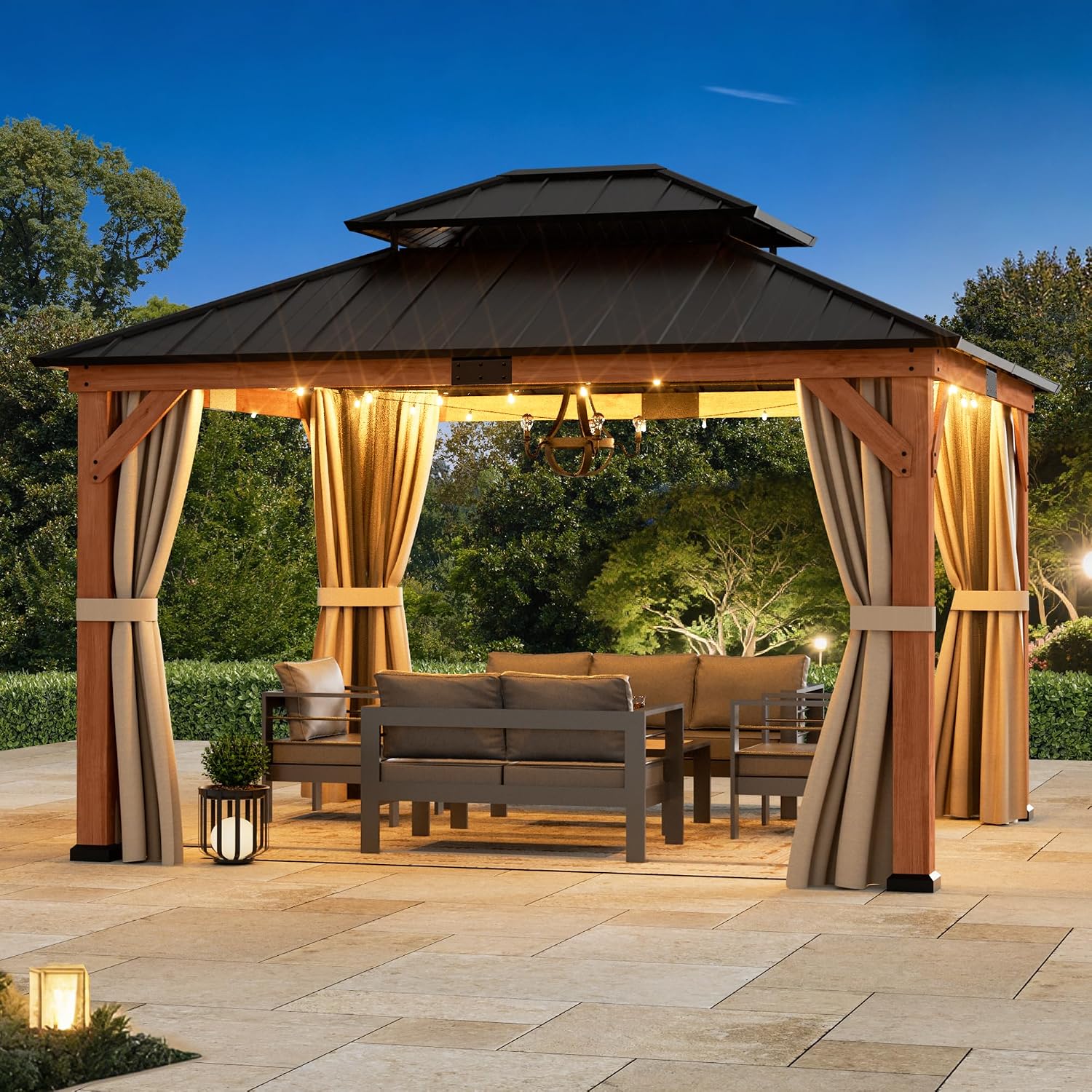 Big Leaf Wood Gazebo 13'x15', Cedar Frame Hardtop Gazebo with Double Galvanized Steel Roof & Grill Shelter, Mosquito Netting and Curtains, Sturdy Hook Design for Outdoor Patio, Deck, Garden