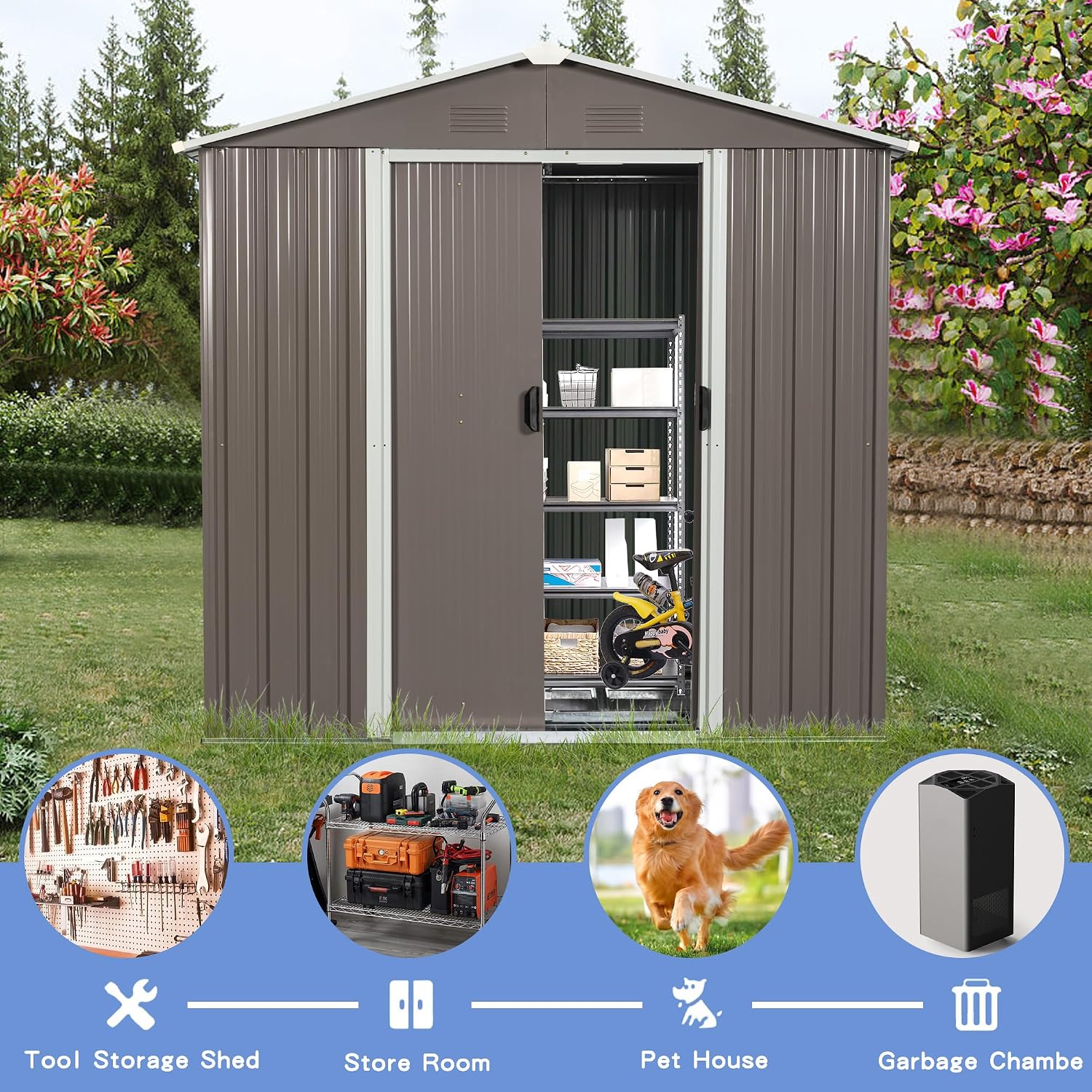 8x4 ft Outdoor Metal Storage Shed with Floor Floor, Lockable Galvanized Steel Tool Shed with Sliding Door and Air Vent, Waterproof Garden Storage House for Backyard, Patio
