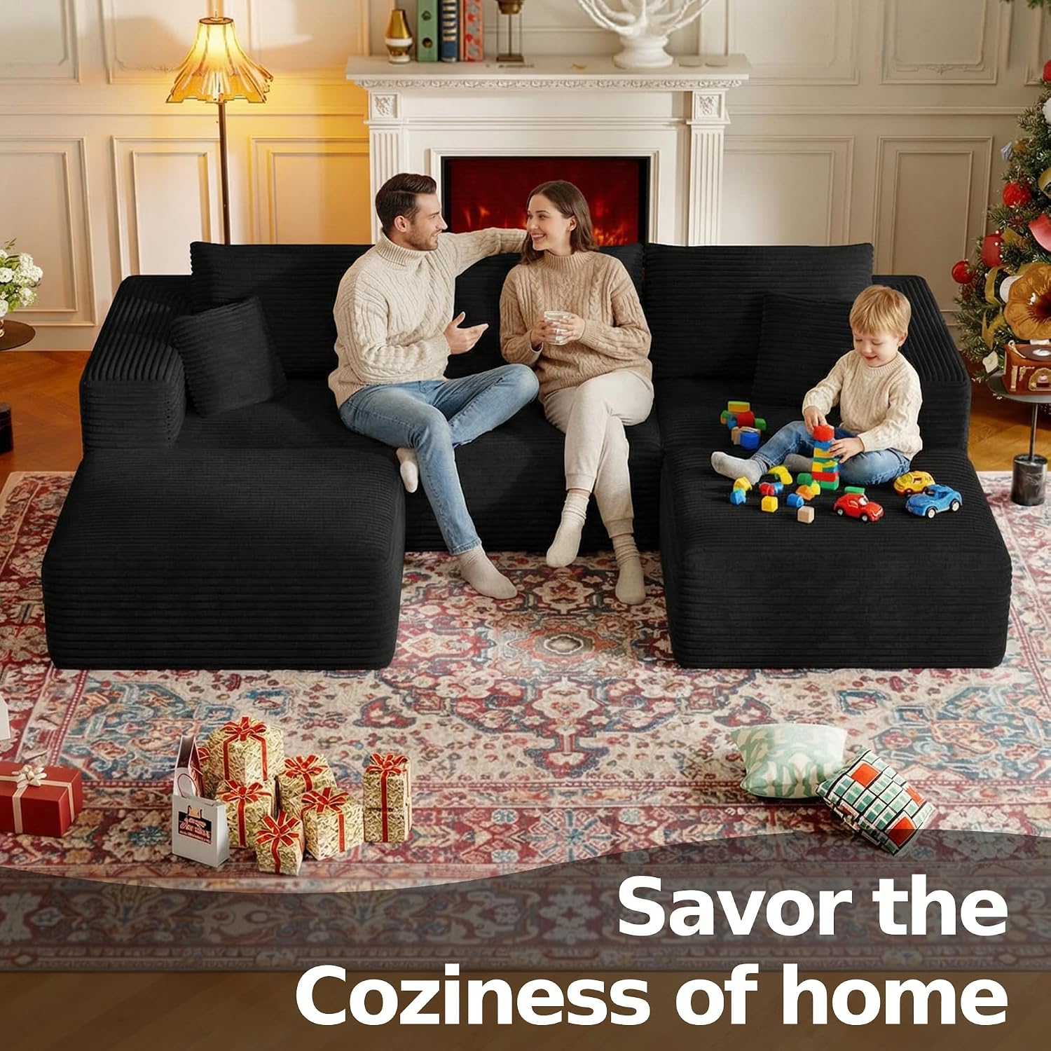CHORRO107''Sectional Cloud Couch for Livingroom,Modular Corduroy Boneless Couch, U-Shaped Sofa with Chaise and Pillows,4-Deep Seat Sectional Sofa with 2 Ottoman,No Assembly(Black)