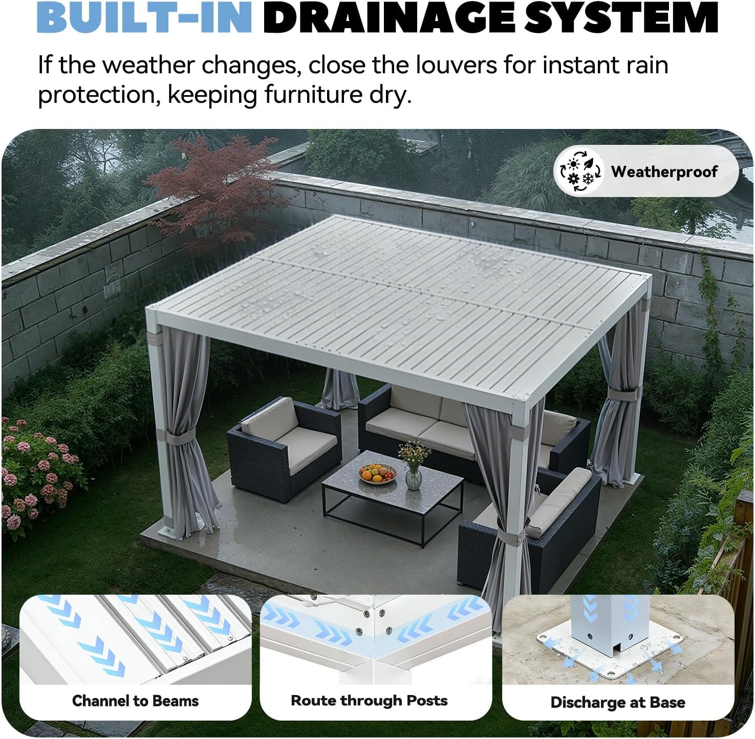 MELLCOM Louvered Pergola 10x12, Outdoor Rustproof Shelter with Adjustable Roof, Steel Aluminum Gazebo with Waterproof Curtains and Netting for Patio Deck, White