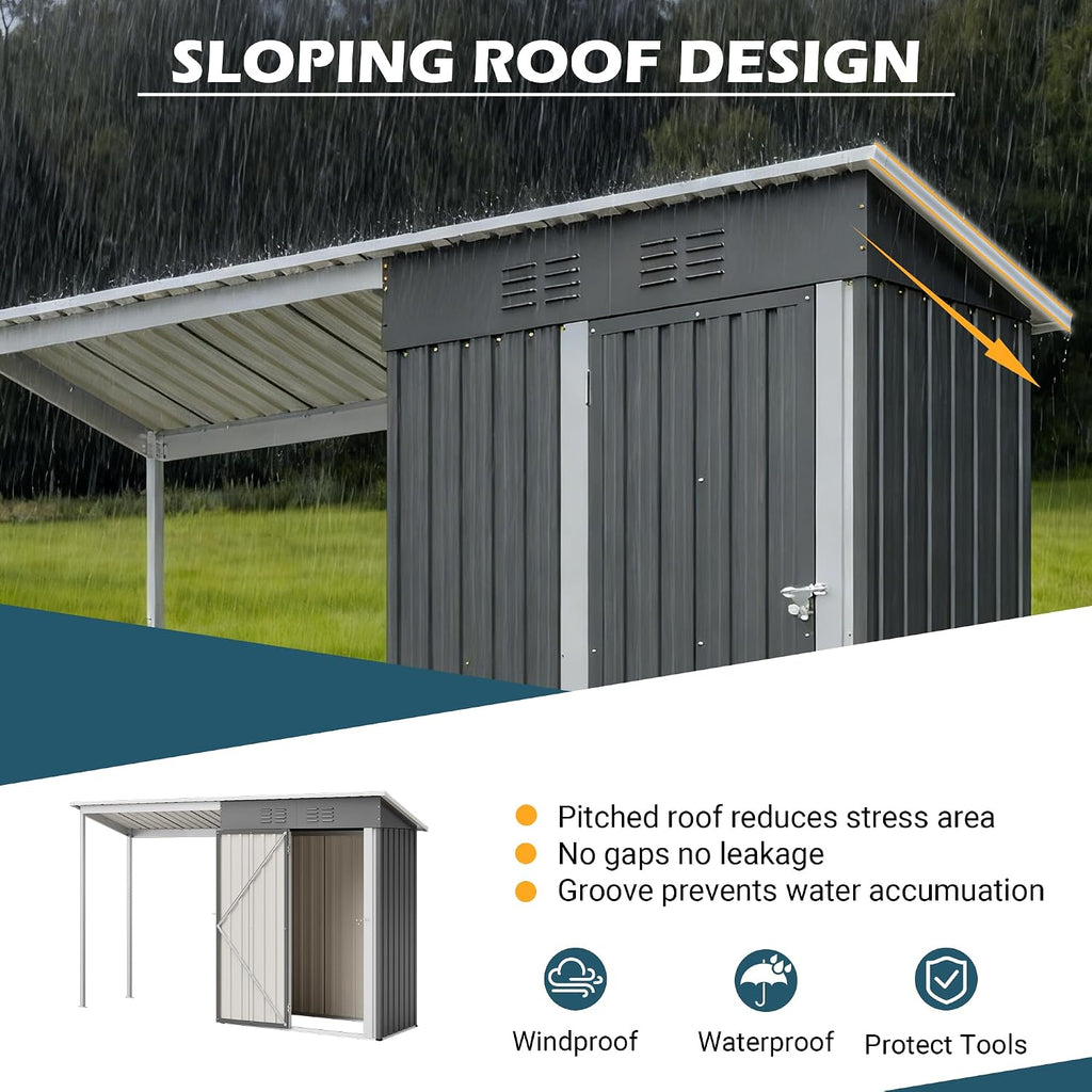 YOPTO 5×3 FT Outdoor Storage Shed & Gazebo Combo,Lean to Metal Tool Shed with Open Pergola,All-Weather 2-in-1 Garden Shed & Gazebo W/Sloping Roof and Lockable Door,for Backyard,Patio,Lawn(Gray)