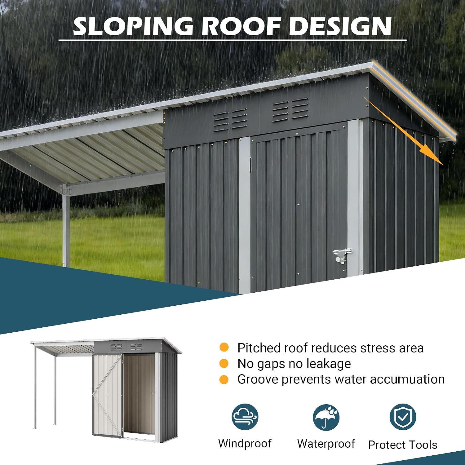 YOPTO 5×3 FT Outdoor Storage Shed & Gazebo Combo,Lean to Metal Tool Shed with Open Pergola,All-Weather 2-in-1 Garden Shed & Gazebo W/Sloping Roof and Lockable Door,for Backyard,Patio,Lawn(Gray)