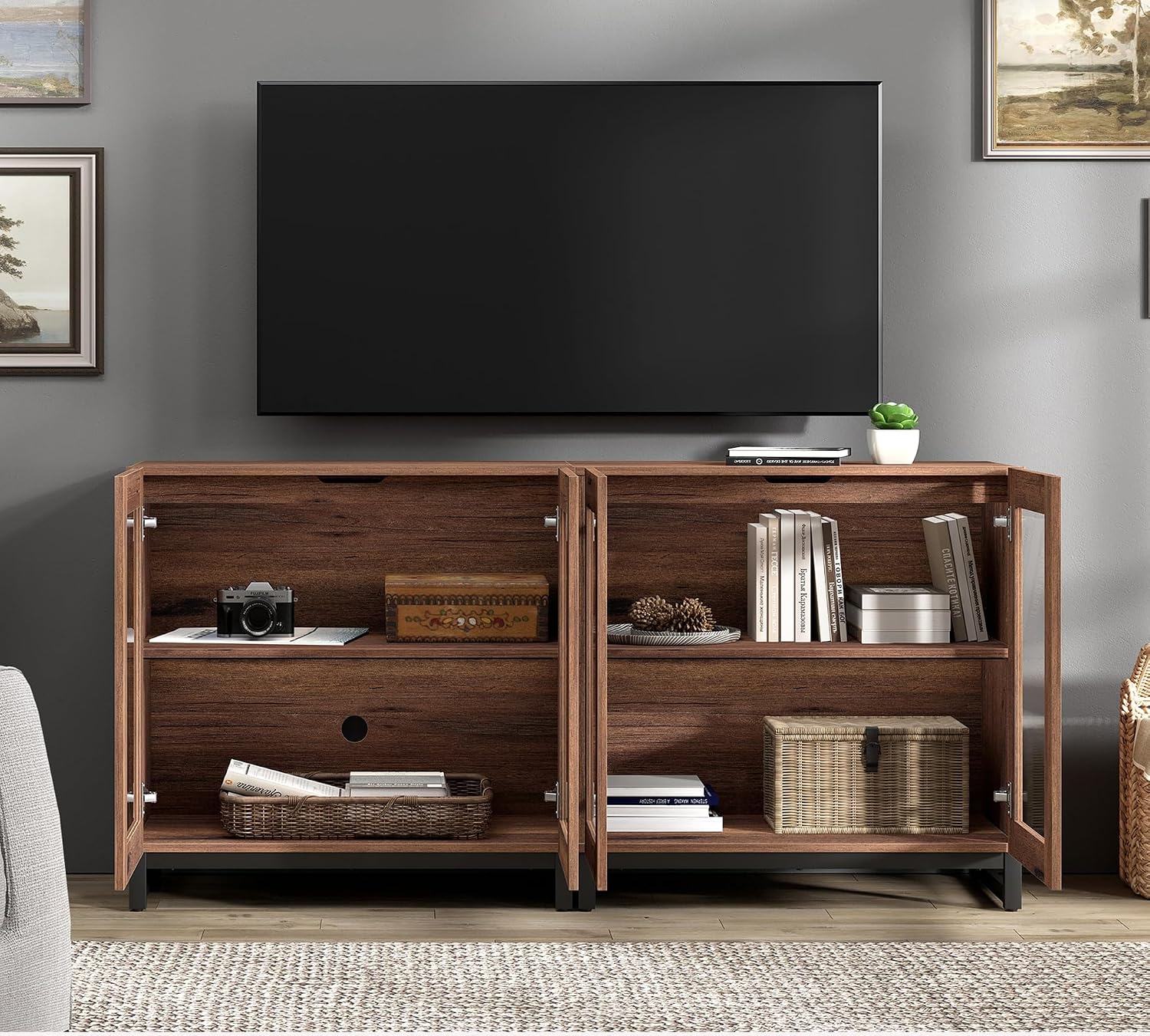 WAMPAT Modern TV Stand with Glass Doors for 40-70 inch TVs, 2 in 1 Entertainment Center Console with Adjustable Shelves and Metal Base for Living Room, Bedroom, Brown