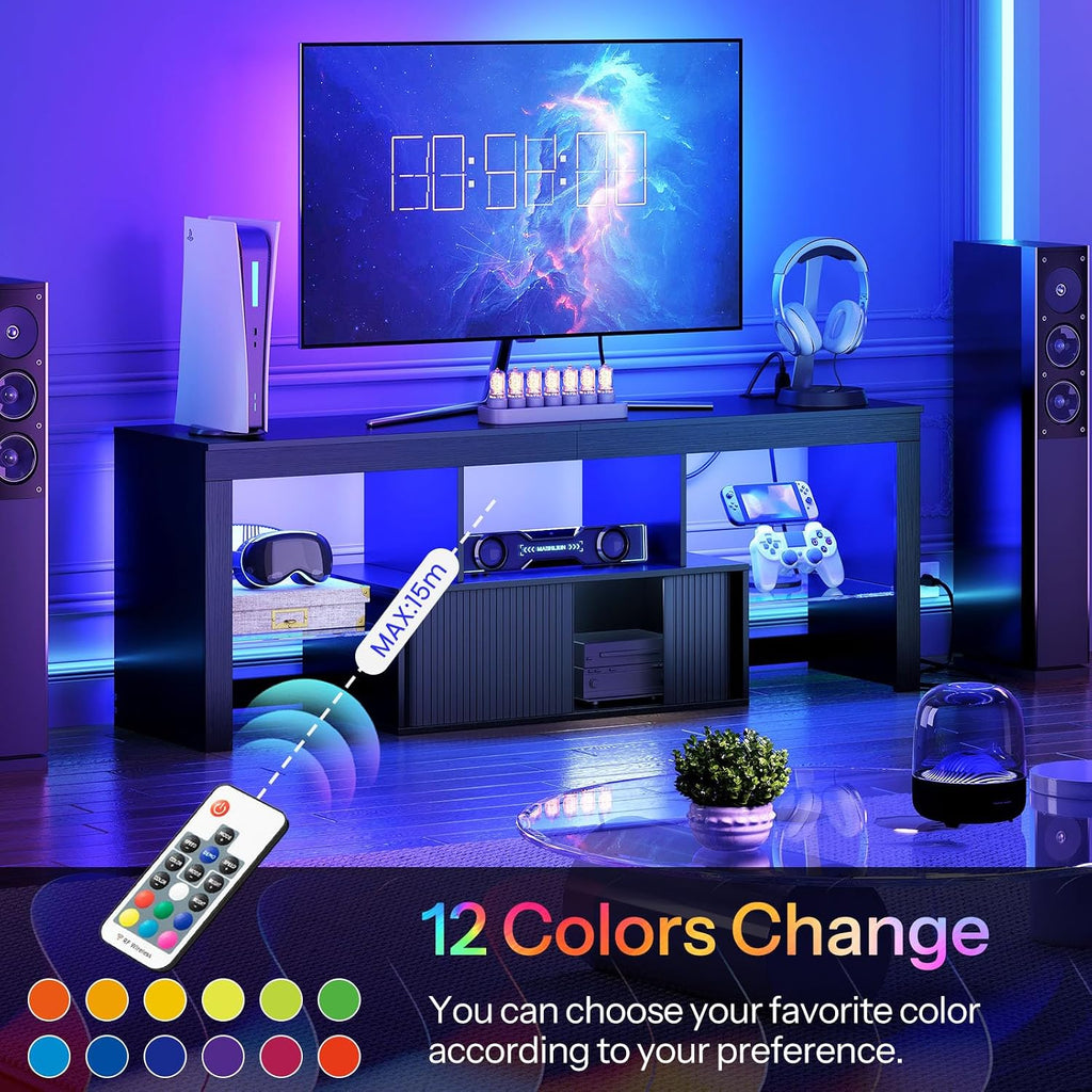 CHOEZON TV Stand with Power Outlet, Modern TV Cabinet for 55 60 inch TVs, Media TV Console with LED Light Strip, Media Entertainment Center with Storage, for Living Room, Bedroom, Black MDS02UDBB