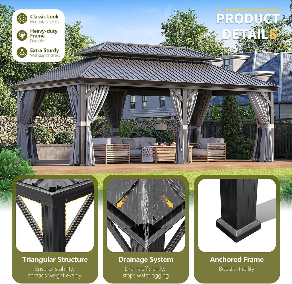 12'x20' Grey Double-top Rectangular Column Iron Sheet Pavilion, Suitable for Outdoor Courtyards and Gardens, Luxurious Iron-top Tent with Enclosure Fabric,