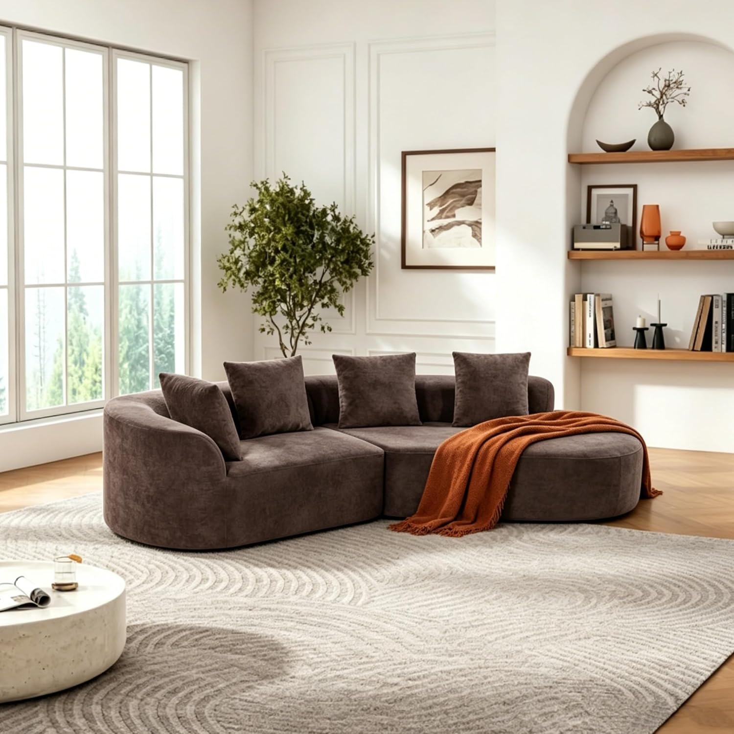 Merax 2-Piece 116' L-Shaped Modular Sectional Sofa Set, 4 Seat Fully Assembled Curved Upholstery Couch with High-Density Compressed Sponge, Chaise Lounge & 4 Pillows for Living Room, Brown
