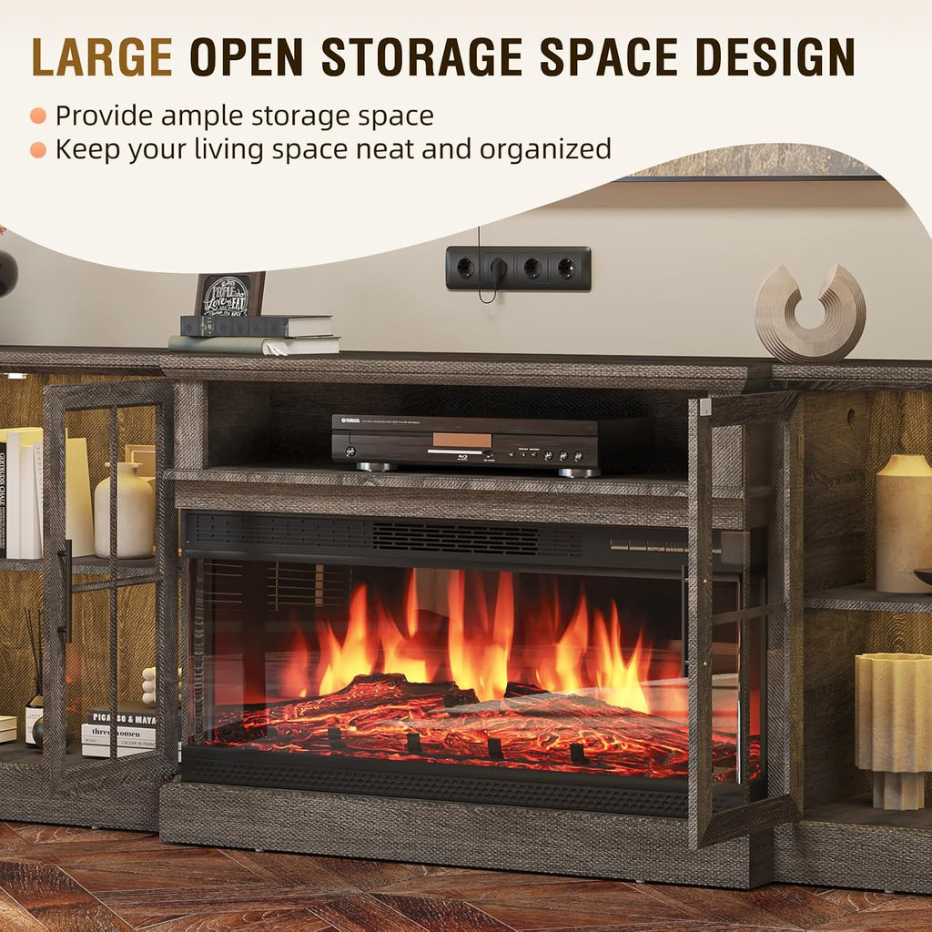 98' Farmhouse TV Stand with 36' Fireplace for TVs up to 100', Media Entertainment Center with Adjustable Shelves and Large Storage Cabinets, for Living Room, Gray & Black