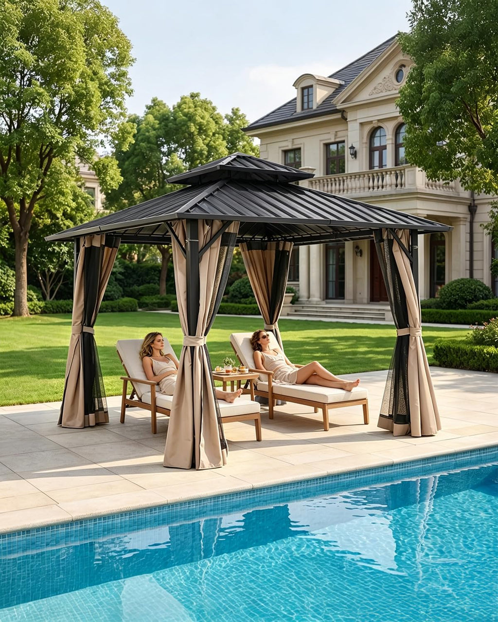 10' x 10' Hardtop Gazebo, Aluminum Frame Outdoor Patio Gazebos with Netting and Curtains, Outdoor Gazebo Canopy, Patio Pergola with Double Steel Roofs for Backyard, Patio, Deck, Sandstone