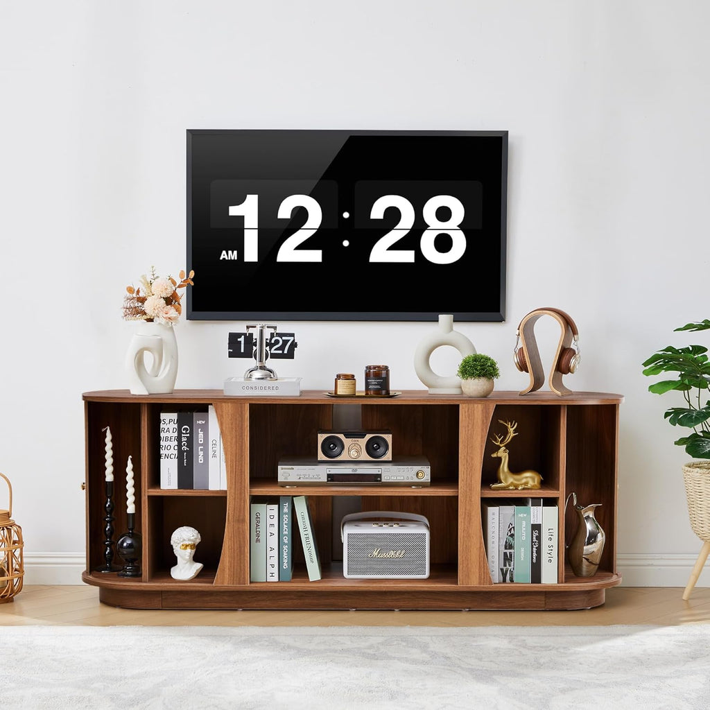 Turtle & Myrtle 63' Mid Century Modern TV Stand for Tvs up to 70', Fluted TV Media Console Table with Storage and Adjustable Shelves, Curved Edge Entertainment Center for Living Room (Brown)