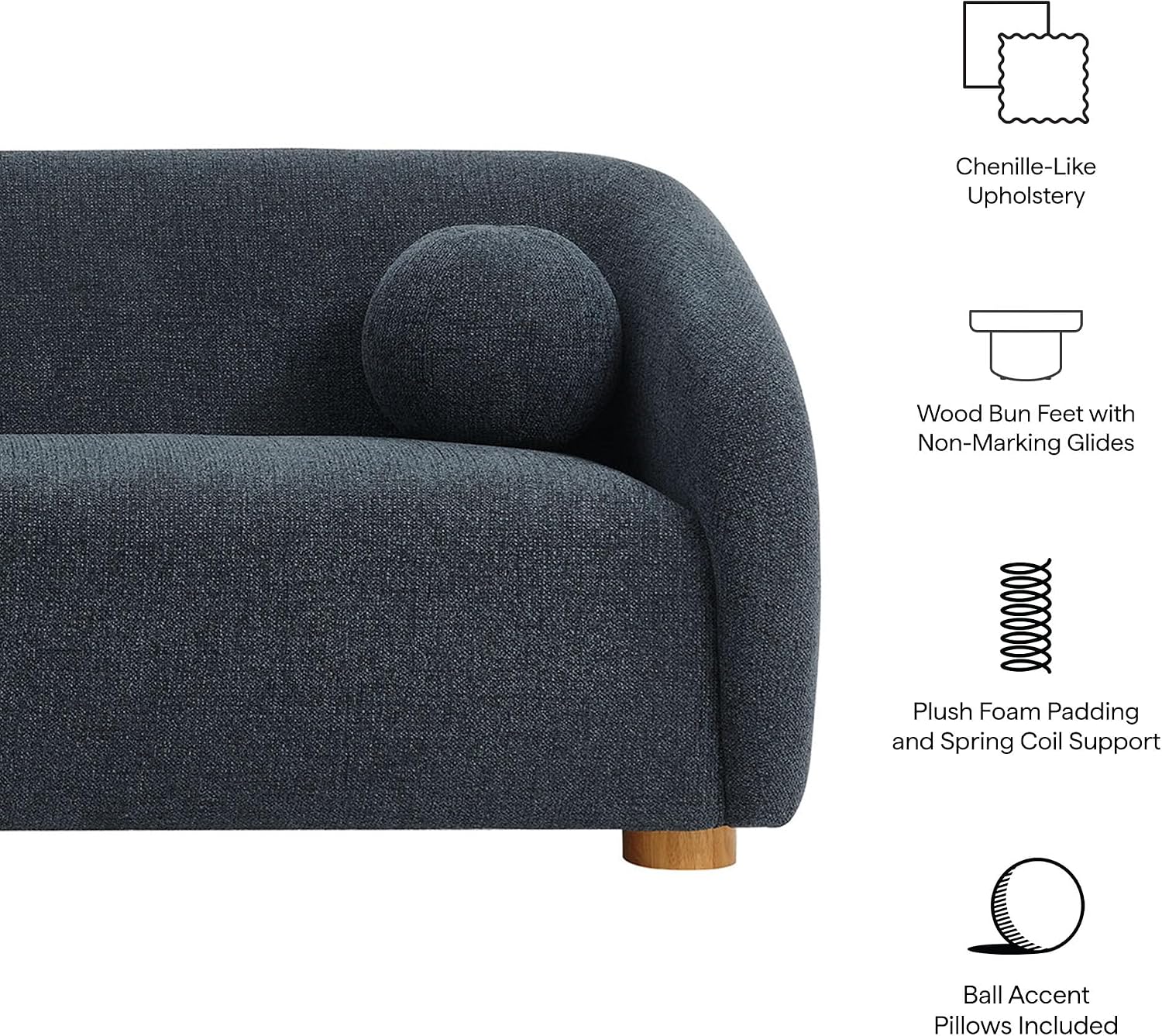 Modway Holland 85 Inch Minimalist Curved Back Sofa in Navy – Chenille Fabric Sofa with Ball Throw Pillows and Wood Feet – Modern 3-Seater Couch for Living Room