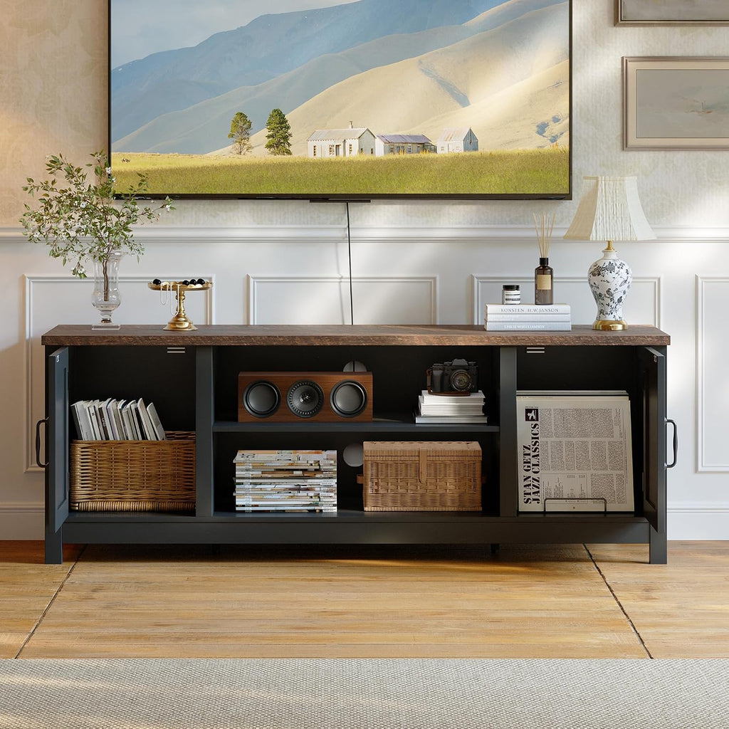 ChooChoo 54' Farmhouse TV Stand for TVs up to 65 inches, Entertainment Center with Storage Cabinets, Open Shelves and Fluted Door, TV Console Table for Living Room, Bedroom, Black