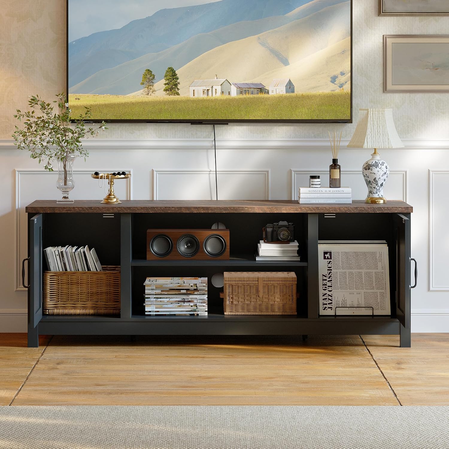 ChooChoo 54' Farmhouse TV Stand for TVs up to 65 inches, Entertainment Center with Storage Cabinets, Open Shelves and Fluted Door, TV Console Table for Living Room, Bedroom, Black