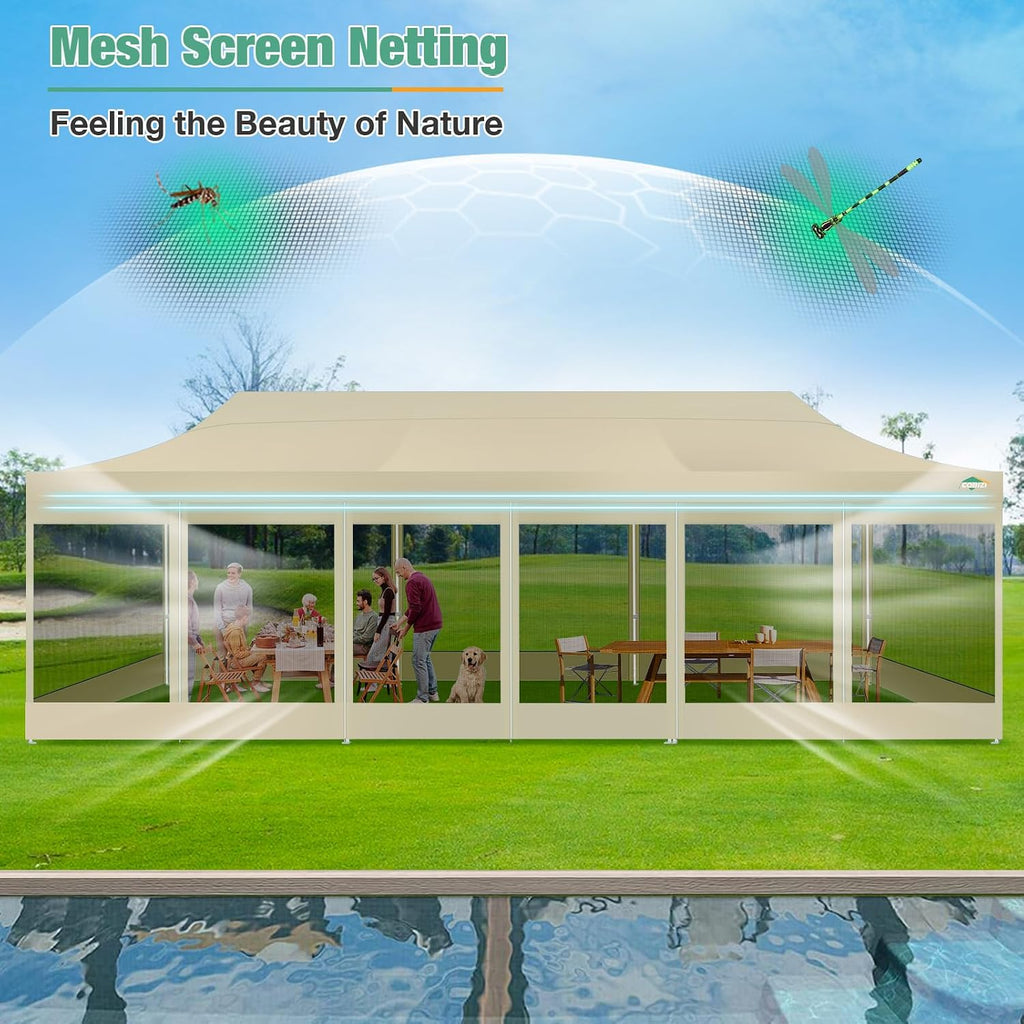 COBIZI 10x30 Canopy Tent, Heavy Duty Pop up Canopy with Sidewalls, Waterproof Easy Setup Tent with Mosquito Netting, Outdoor Instant Screen Tents for Parties, Wedding with Roller Bag, Khaki