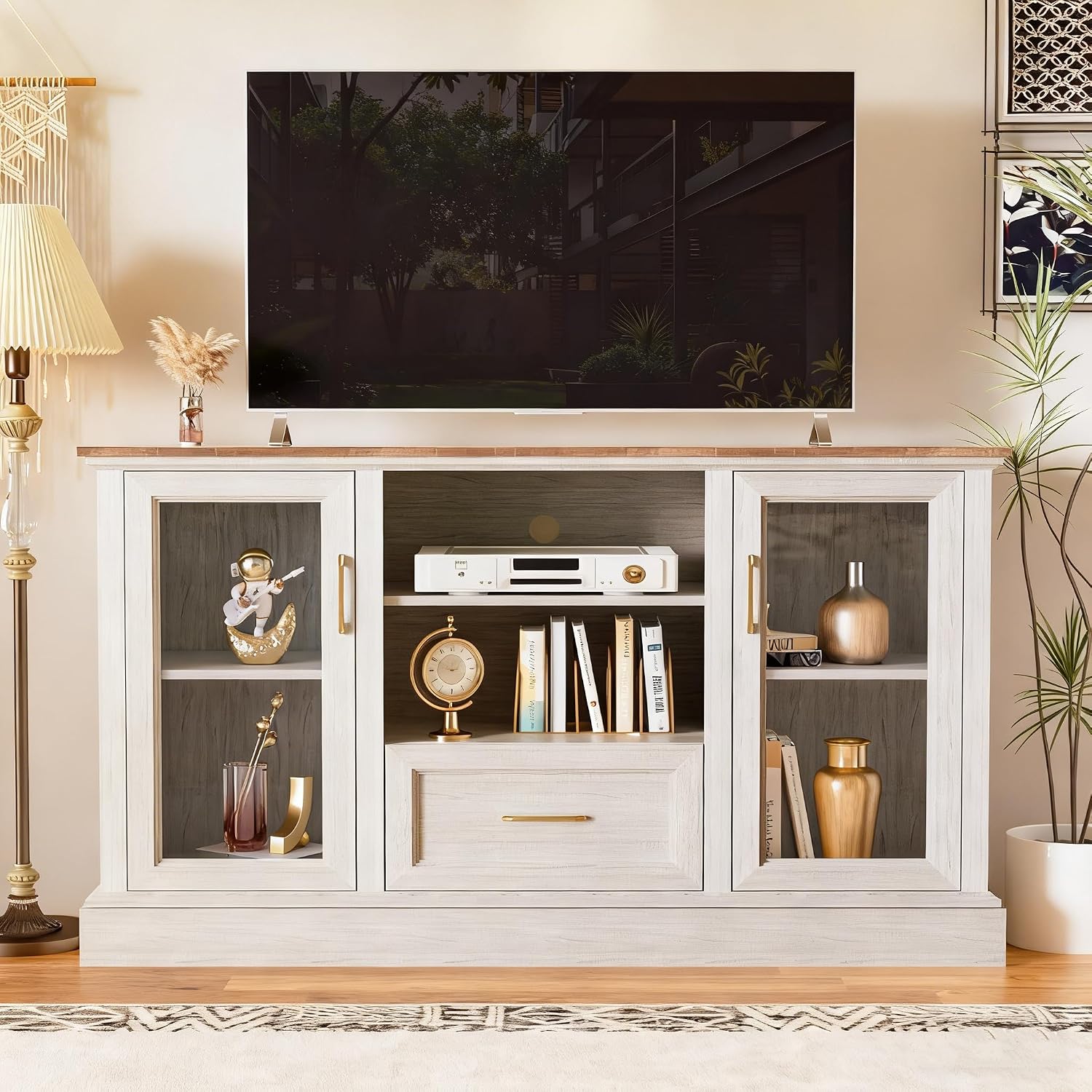 Farmhouse TV Stand for 55/60/65 Inch TV, Tall Media Console with 2 Glass Doors & 3 Adjustable Shelves, Wood Entertainment Center with Cubbies & Drawers for Living Room, Rustic White