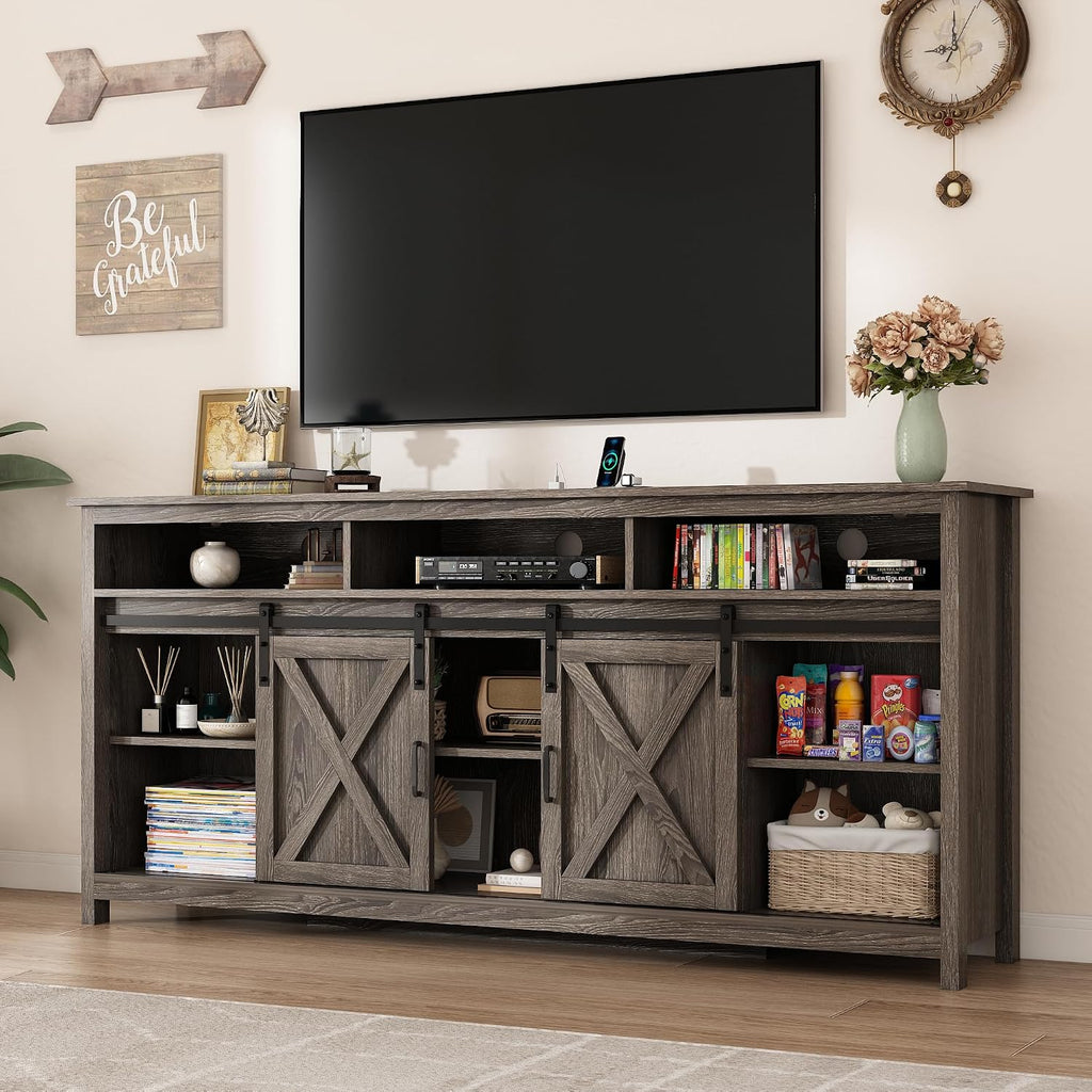70' LED Farmhouse TV Stand for 80/75/70 Inch TVs, Tall Entertainment Center Storage Cabinets w/Power Outlets and Sliding Barn Door, Rustic Living Room Media Console Cabinet (Charcoal)