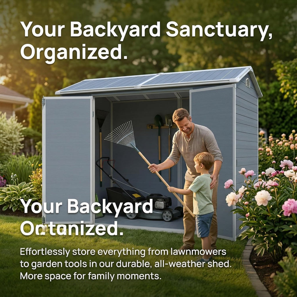 Storage Shed, 4x8ft Outdoor Storage Shed with Floor Included with 2 Windows and Lockable Door, Resin Sheds for House Garden Tools, Bike, Motorcycle, Lawn Mover, Arched Roof, Grey