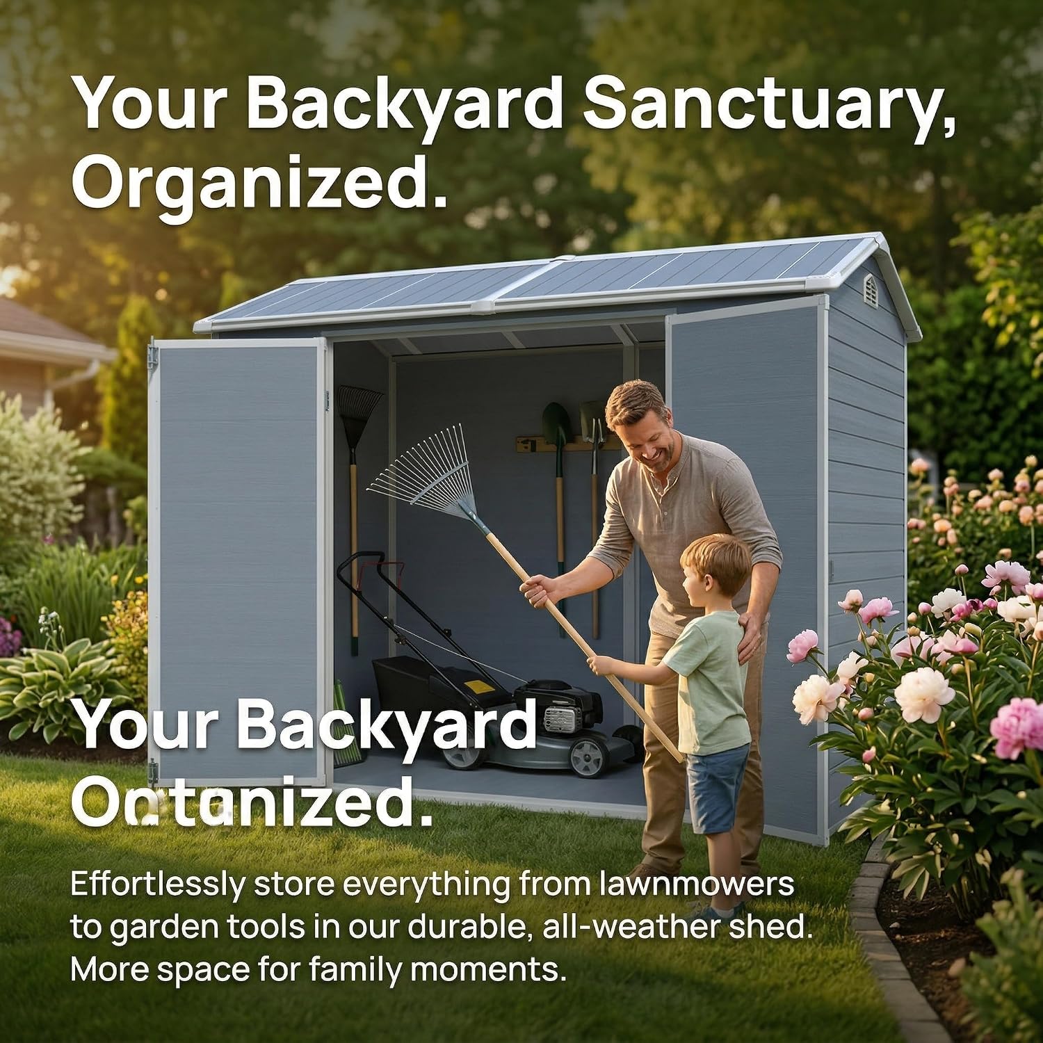 Storage Shed, 4x8ft Outdoor Storage Shed with Floor Included with 2 Windows and Lockable Door, Resin Sheds for House Garden Tools, Bike, Motorcycle, Lawn Mover, Arched Roof, Grey