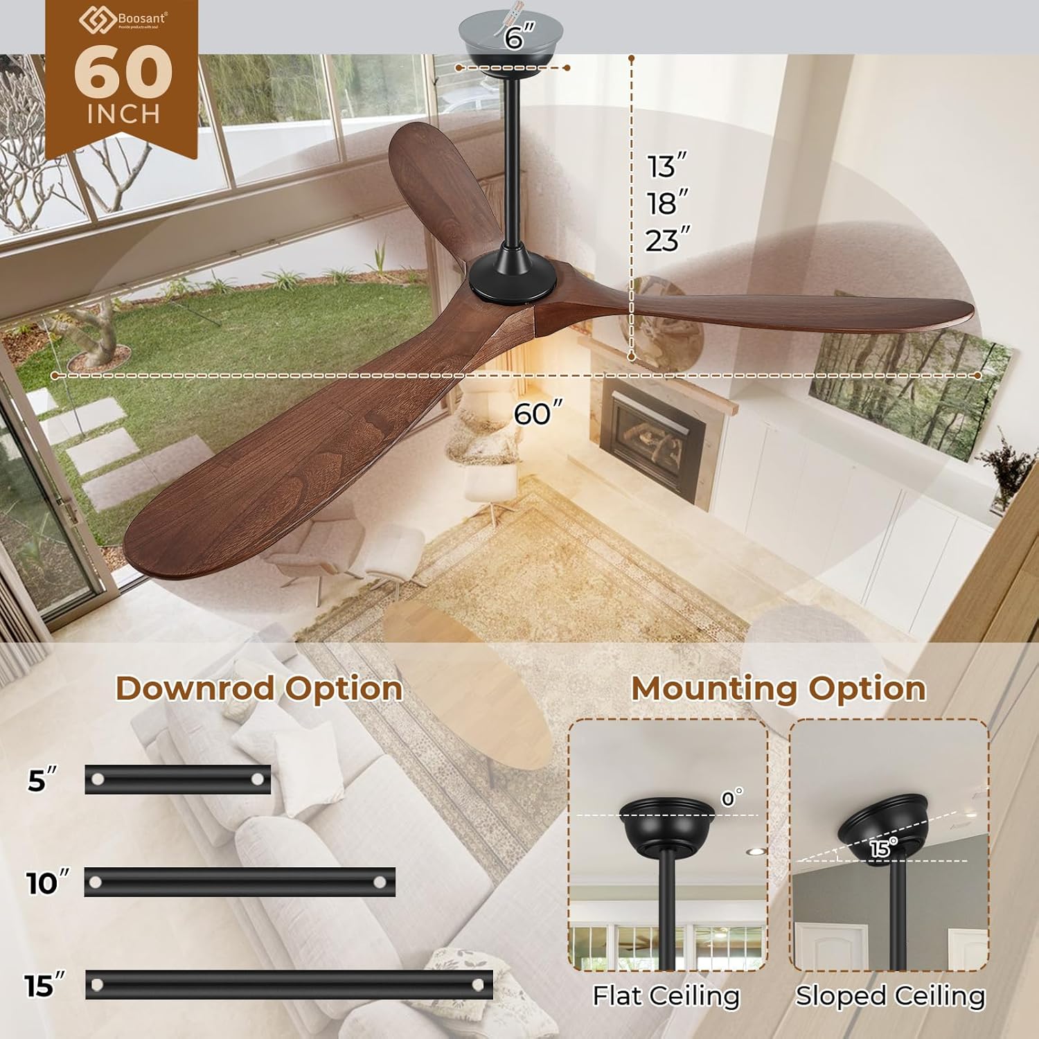 60' Outdoor Ceiling Fans with Lights and Remote Control, 3 Blade Ceiling Fan with Lights High CFM Quiet Wood Walnut Outdoor Fan, Propeller Ceiling Fan for Outdoor/Indoor/Patio,Deep Walnut