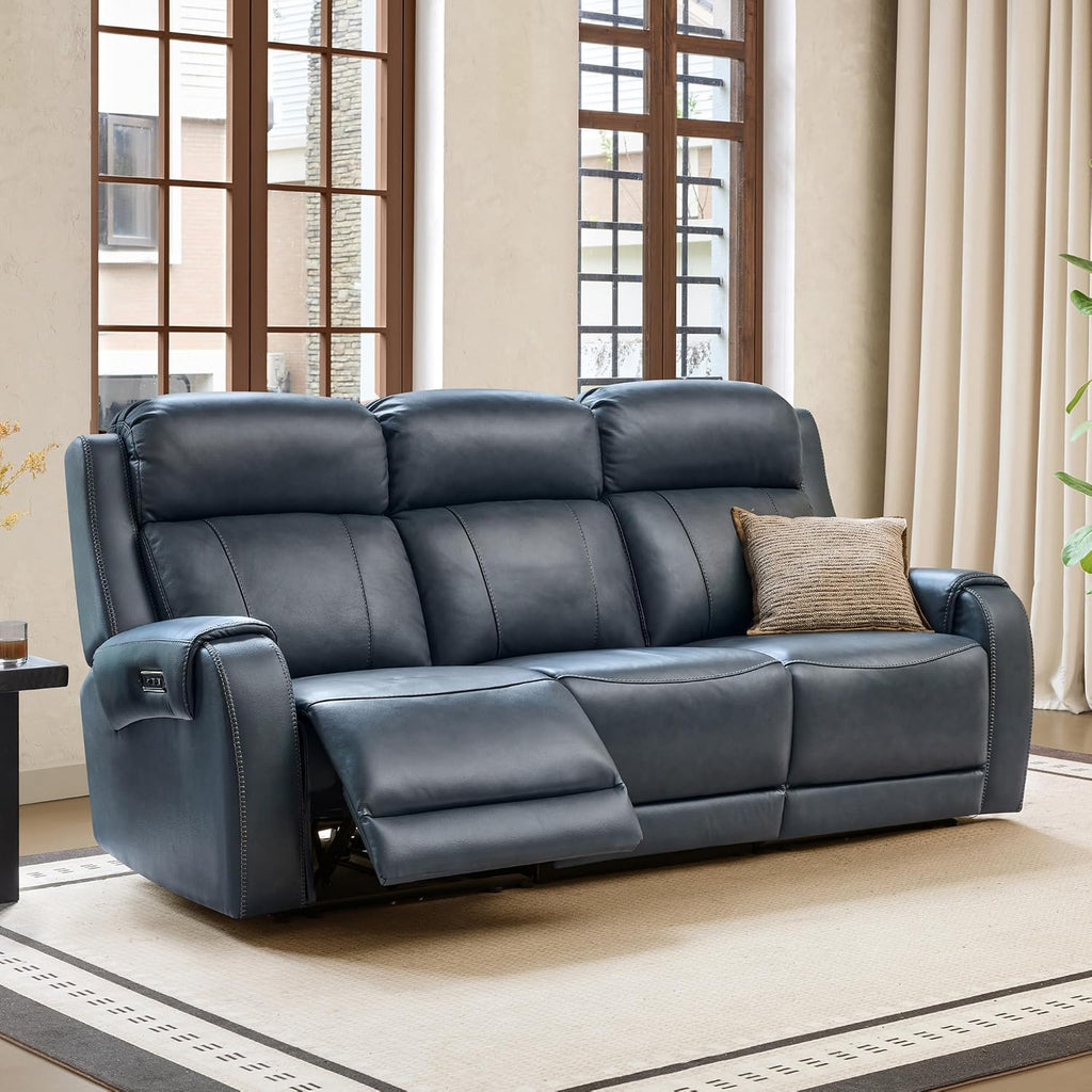 CHITA Genuine Leather Power Recliner Sofa, Wall Hugger Reclining Sofa with Power Headrest, Dual Motor, USB Charging Ports, Recliner Couch for Living Room, RV, Leather in Navy