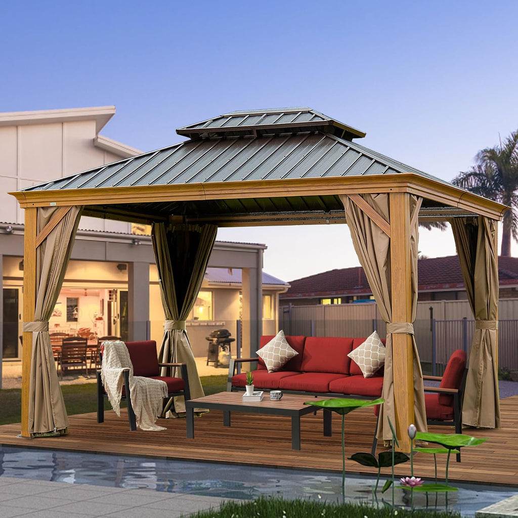 Domi Outdoor Living 10'x12' Hardtop Gazebo, Wooden Coated Aluminum Frame Canopy with Galvanized Steel Double Roof, Outdoor Permanent Metal Pavilion with Curtains and Netting for Patio, Deck and Lawn