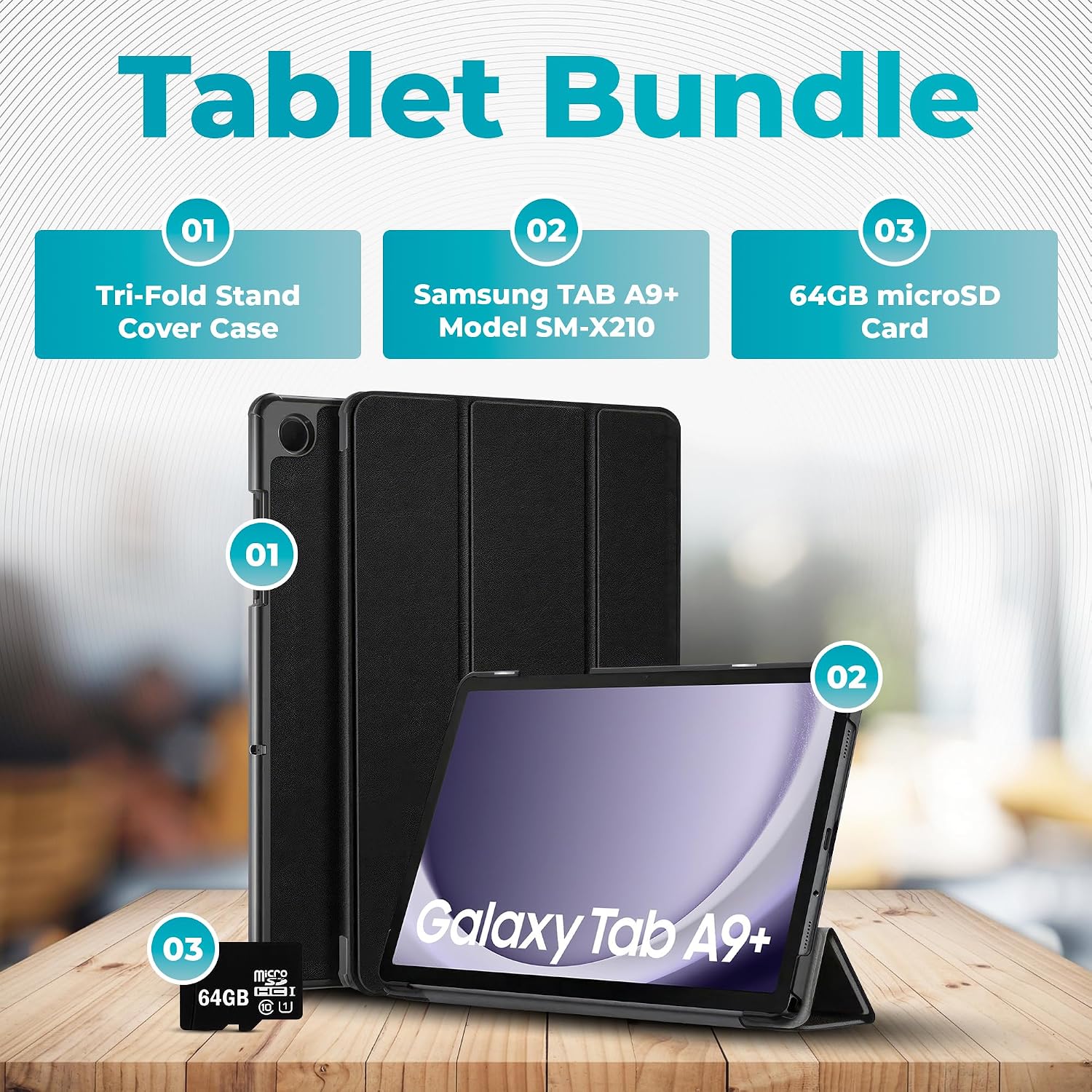 Samsung 2024 Galaxy Tab A9+ 11' 64GB | Android 13 WiFi Touchscreen International | Big Screen, Quad Speakers, Slim | Tablet Bundle - Hard Back Trifold Stand Case + 64GB SD Card (Grey) | MdTec
