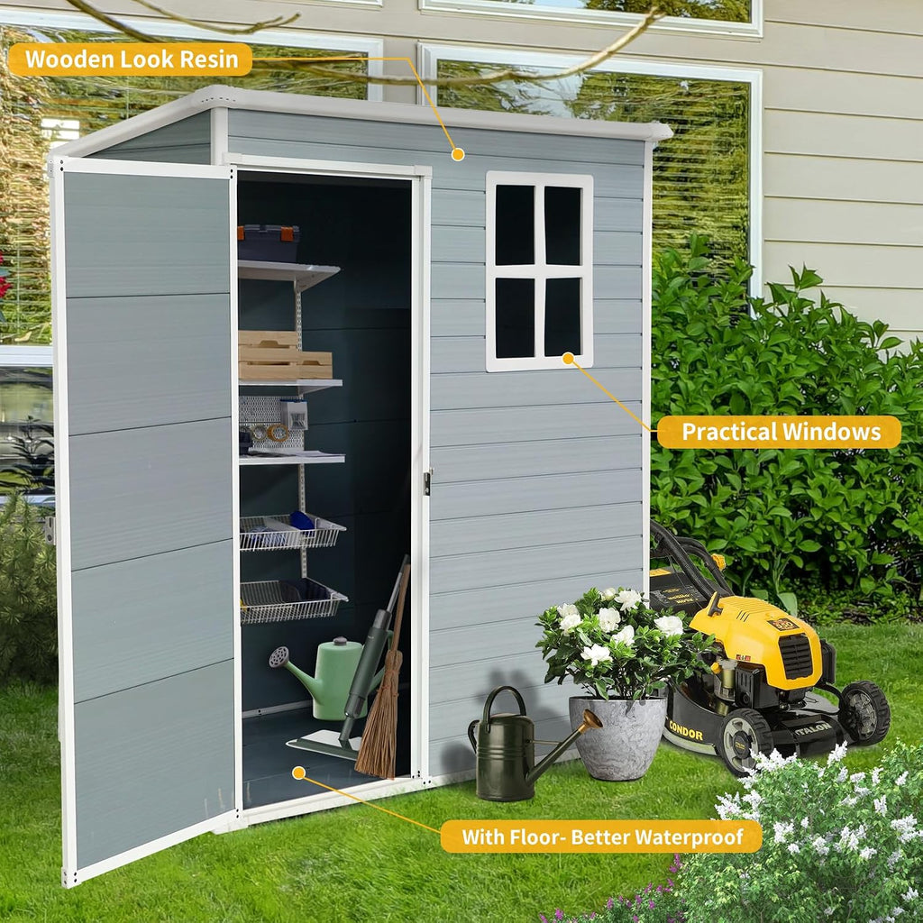 5x3 FT Resin Outdoor Storage Shed with Floor,All-Weather Outdoor Shed with Lockable Door,Window & Sloped Roof,Plastic Outside Tool Storage for Garden,Backyard,Patio,Lawn,Gray