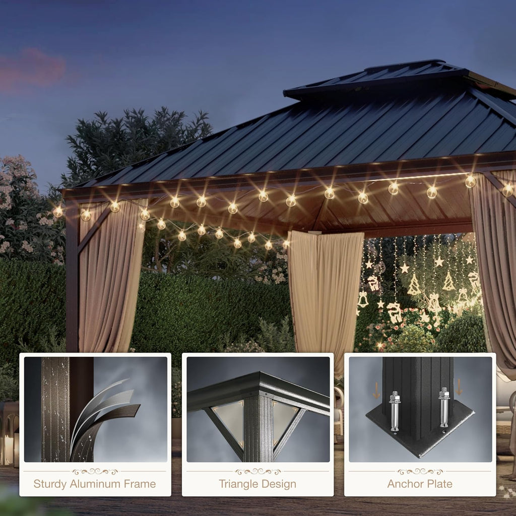 HERA'S HOUSE 12x14ft Hardtop Gazebo, Aluminum Metal Gazebo with Galvanized Steel Double Roof Canopy, Curtain and Netting, Permanent Pavilion for Patio Backyard Deck Lawn