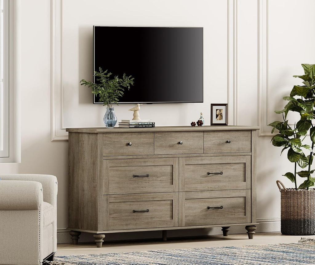 WAMPAT Wide Dresser TV Stand for 65 Inch TV, Light Wood TV Console Table Television Stands with 7 Drawers, Grey Media Storage Cabinet for Living Room Bedroom, 54 Inch