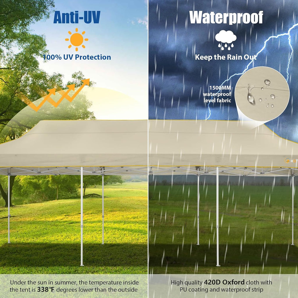 HOTEEL 10x30 Heavy Duty Pop up Canopy Tent Without Sidewalls, Easy Setup Outdoor Commercial Instant Tent for Parties Wedding Event, with Portable Bag, Khaki(Hexagonal Frame)