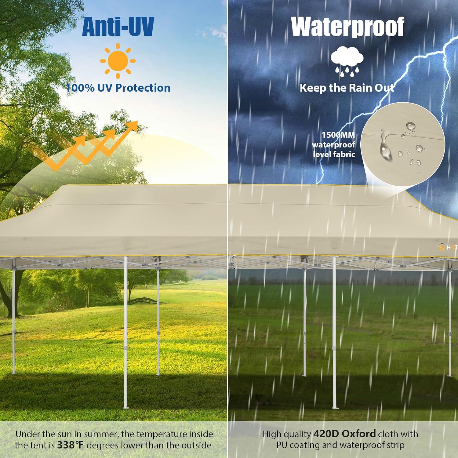 HOTEEL 10x30 Heavy Duty Pop up Canopy Tent Without Sidewalls, Easy Setup Outdoor Commercial Instant Tent for Parties Wedding Event, with Portable Bag, Khaki(Hexagonal Frame)