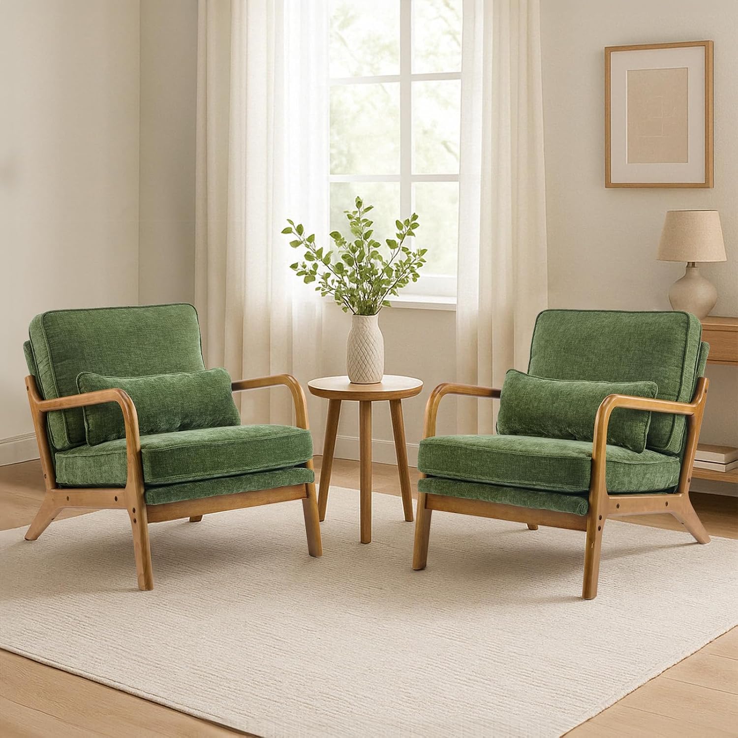 Karl home Mid Century Modern Accent Chair with Lumbar Pillow & Oak Arms – Plush Chenille Living Room Chair for Bedroom, Lounge (Olive Green)