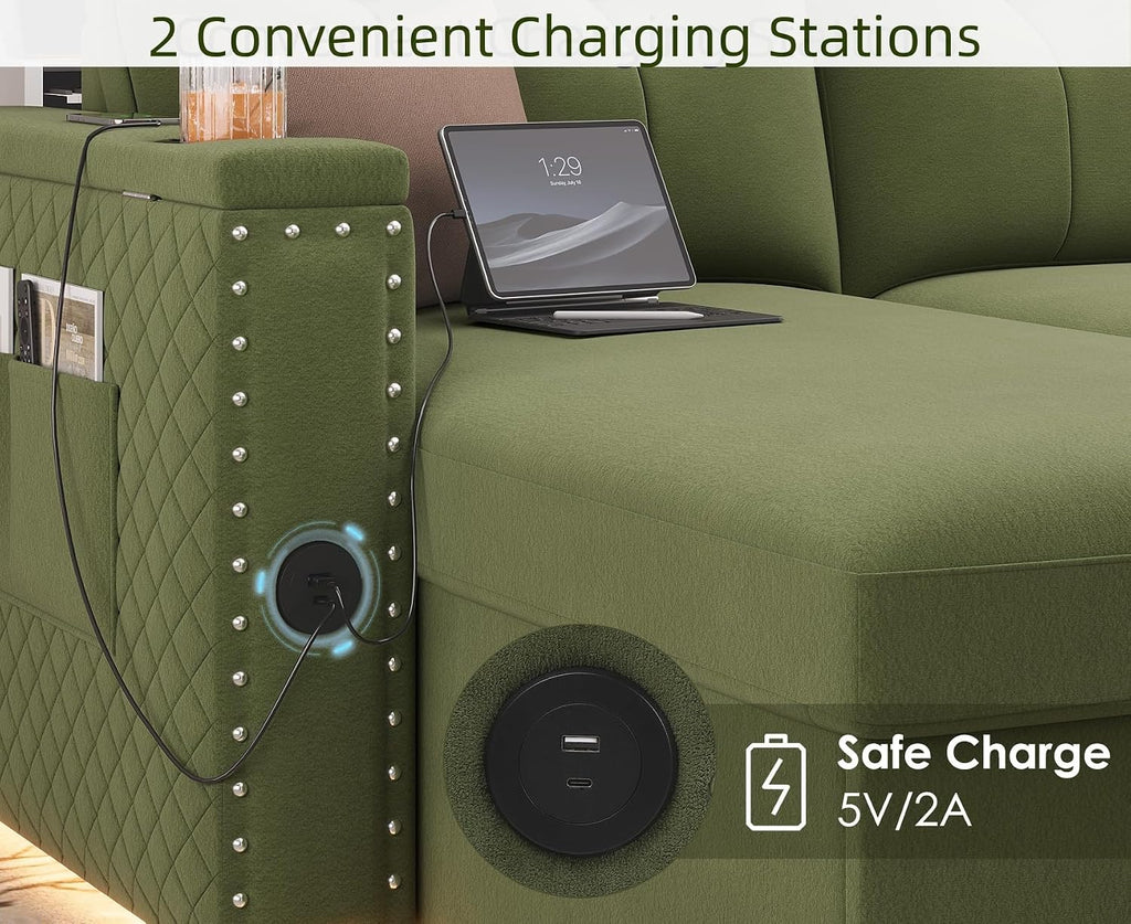 HIFIT 106' Sectional Couches for Living Room- Pull Out Sleeper Sofa Couch w/Storage Chaise,Storage Armrest,LED Light&USB Port&Cupholder,Modern Velvet U Shaped Home Sofa Living Room Furniture Set,Green
