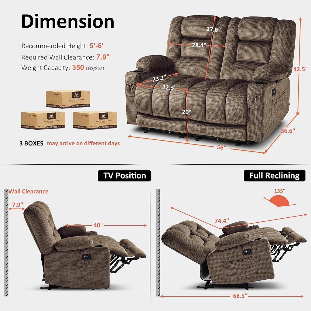 MCombo 55.9' Zero Gravity Power Loveseat Recliner with Heat and Vibration Massage, Reclining Loveseat Sofa with USB Ports, Cup Holders for Living Room, Fabric PR648SET (Dark Brown)