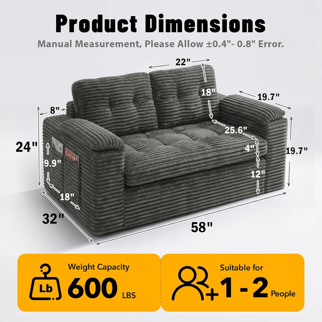 Boneless Loveseat Sofa, 58in Boneless Cloud Couch for Living Room 2 Seater Modern Lounge Sleeper Couch with Removable Cover Corduroy Sofa with Armrest, Dark Grey