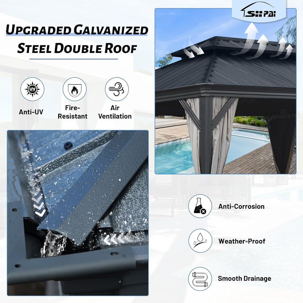 14' x 20' Outdoor Hardtop Gazebo with Gutters, Double Roof Galvanized Metal Gazebo for Backyard, Patio, Deck, Hot Tub, Heavy Duty Canopy Permanent Pavilion with Curtains and Netting, Grey