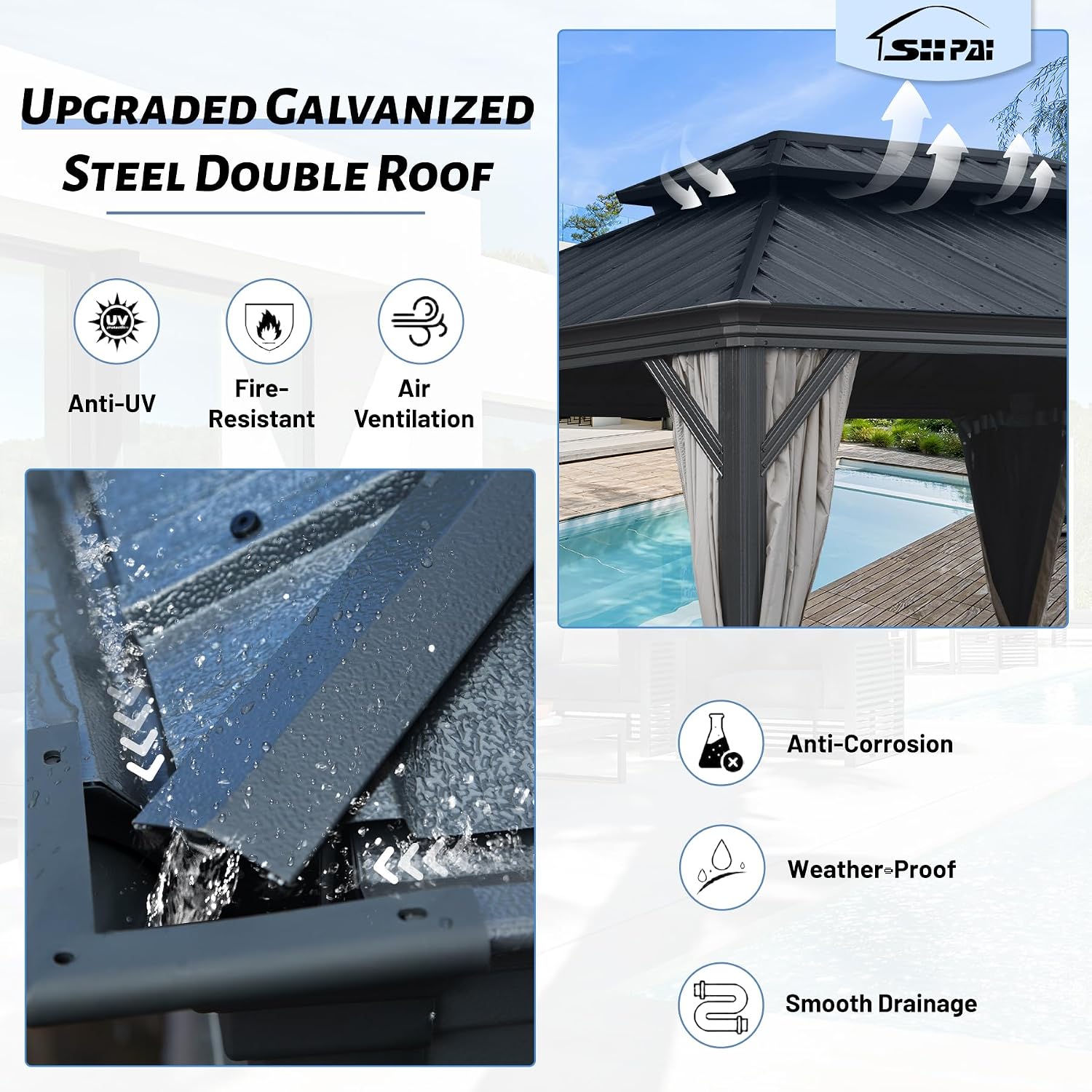 14' x 20' Outdoor Hardtop Gazebo with Gutters, Double Roof Galvanized Metal Gazebo for Backyard, Patio, Deck, Hot Tub, Heavy Duty Canopy Permanent Pavilion with Curtains and Netting, Grey