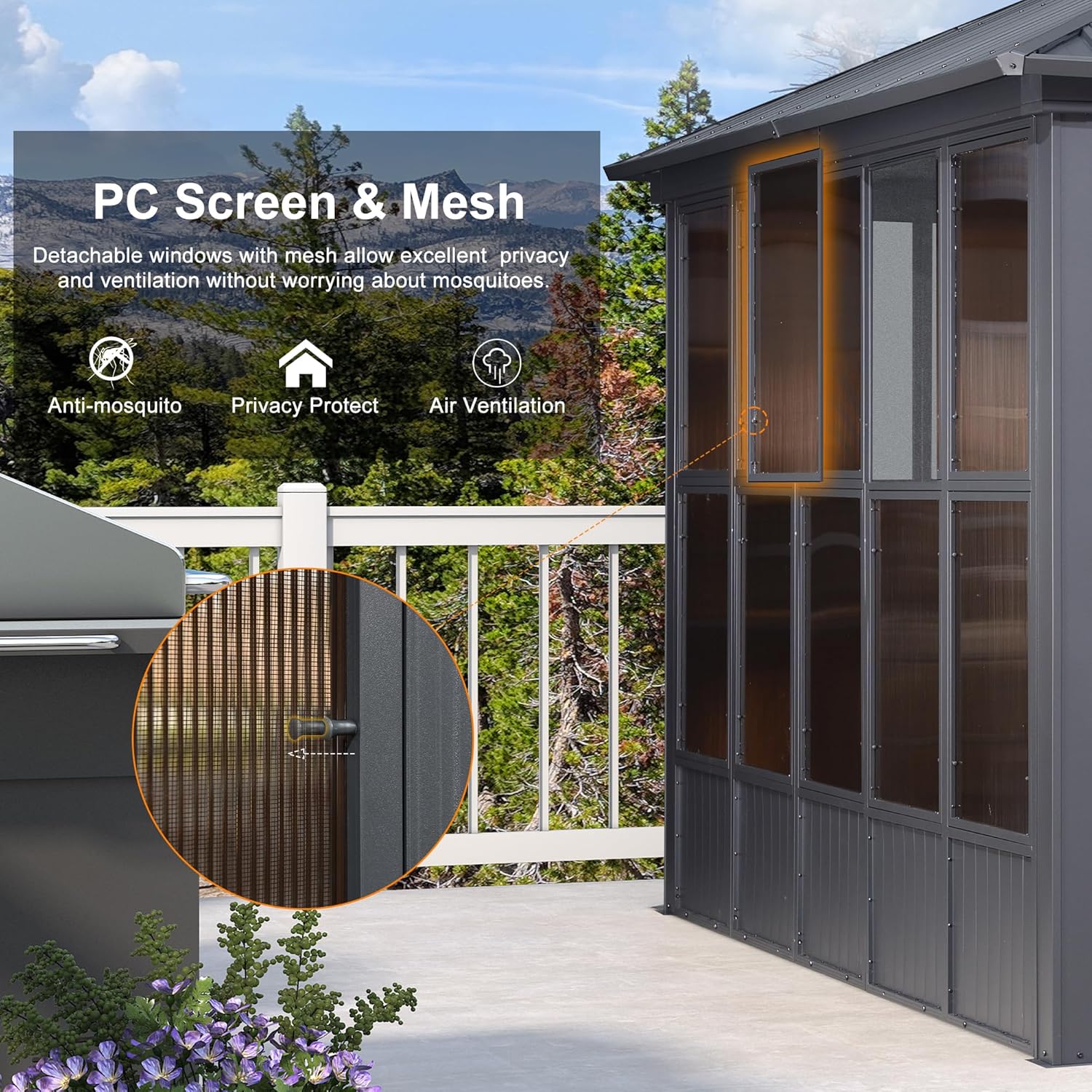 PURPLE LEAF 12' X 16' Solarium Sunroom Permanent Hardtop Gazebo Galvanized Steel Double Roof Aluminum Outdoor Screen House for Lawn Deck Backyard Grey