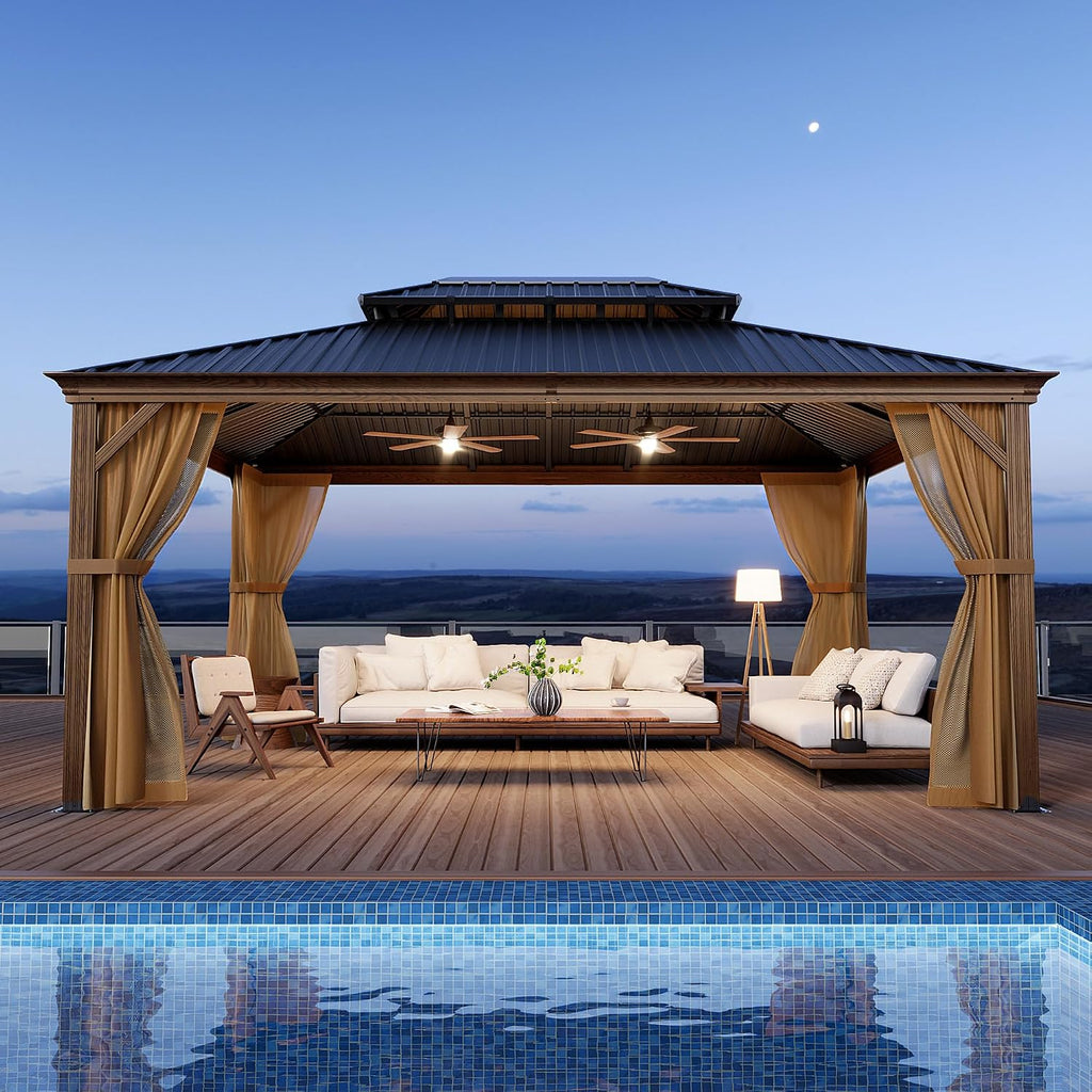 SUNBURY 12'x 16' Hardtop Gazebo, Outdoor Metal Gazebo with Double Roofs, Outdoor Aluminum Canopy with Woodgrain Steel Columns and Mosquito Netting for Patio, Backyard, Garden, Deck (Black Walnut)