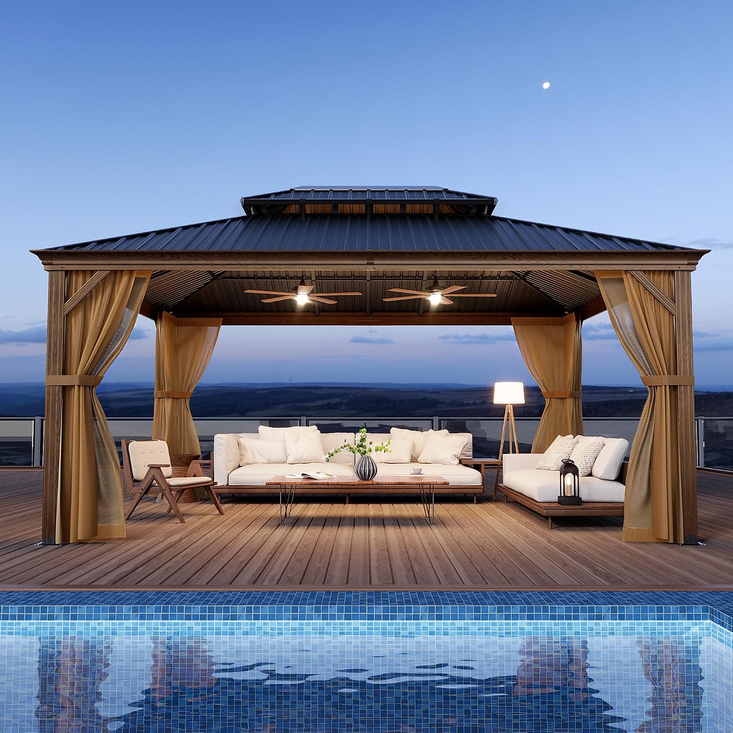 SUNBURY 12'x 16' Hardtop Gazebo, Outdoor Metal Gazebo with Double Roofs, Outdoor Aluminum Canopy with Woodgrain Steel Columns and Mosquito Netting for Patio, Backyard, Garden, Deck (Black Walnut)