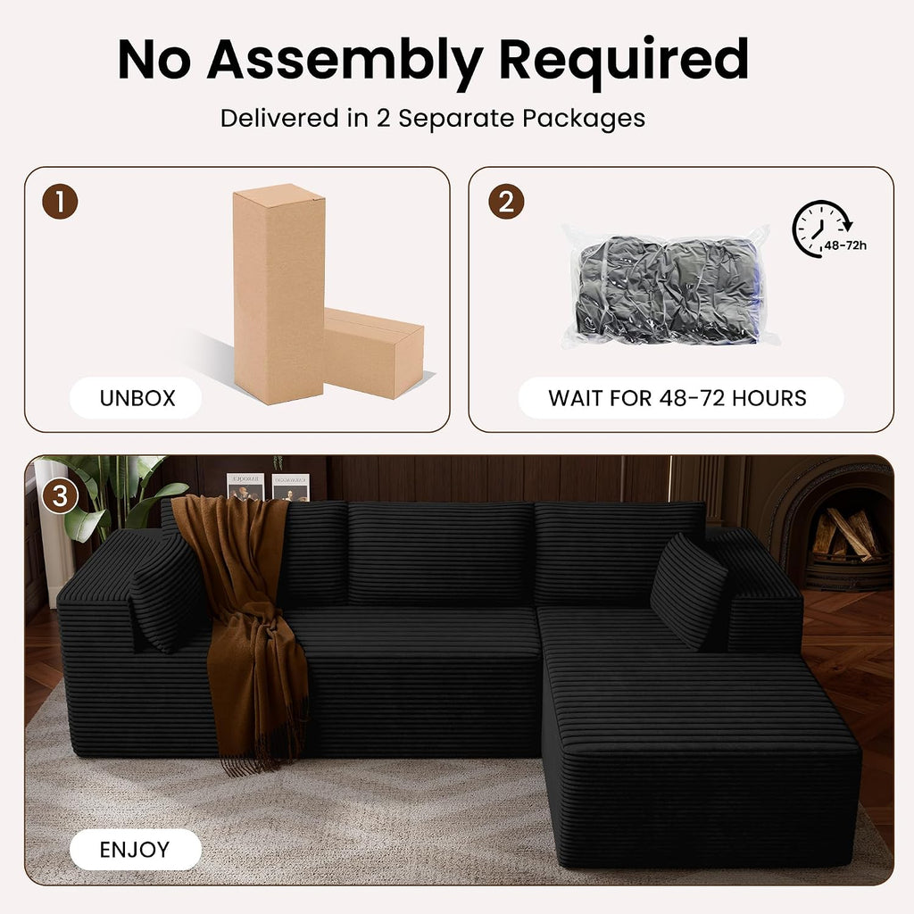 106' Cloud Sectional Boneless Couches for Living Room, Modular L Shaped Couch with Deep Seat Oversized Right Facing Chaise, Memory Foam Compressed Spineless 3 Seater Sofa for Apartment, Black