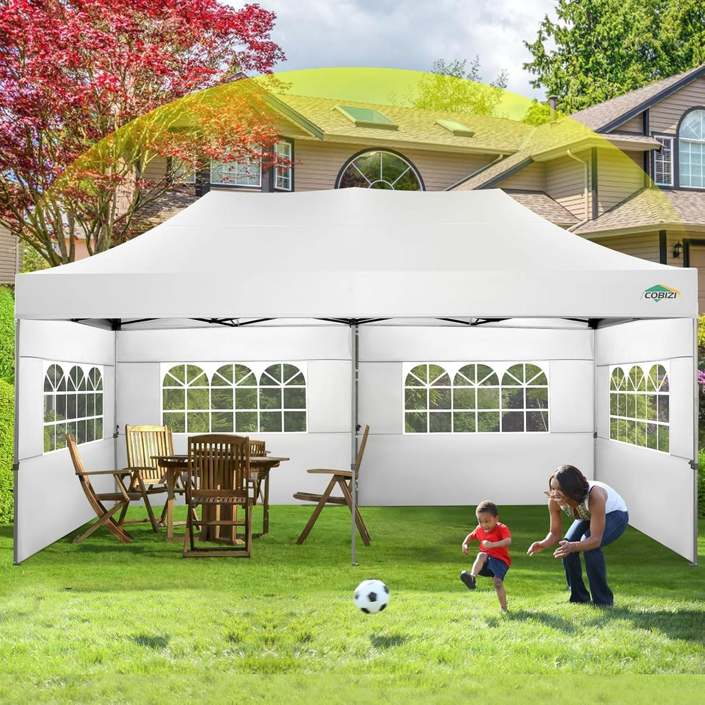 COBIZI 10x20 Canopy with Sidewalls, Heavy Duty Party Tent Pop up Canopy, Tents for Parties, Wedding, Outdoor Easy up Foldable Portable Canopy Tent with Wheeled Bag, White(Windproof Upgrade)