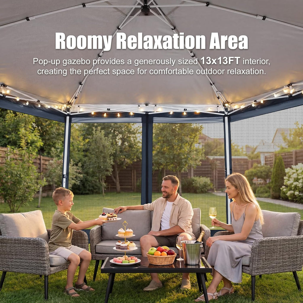 COBIZI 16x16 Pop Up Gazebo Tent with Mosquito Netting, Gazebos on Clearance, Hexagonal Outdoor Canopy Shelter, Patented Center Lock 6-Sided Portable Gazebos, Pop Up Canopy Tent for Backyard, Gray