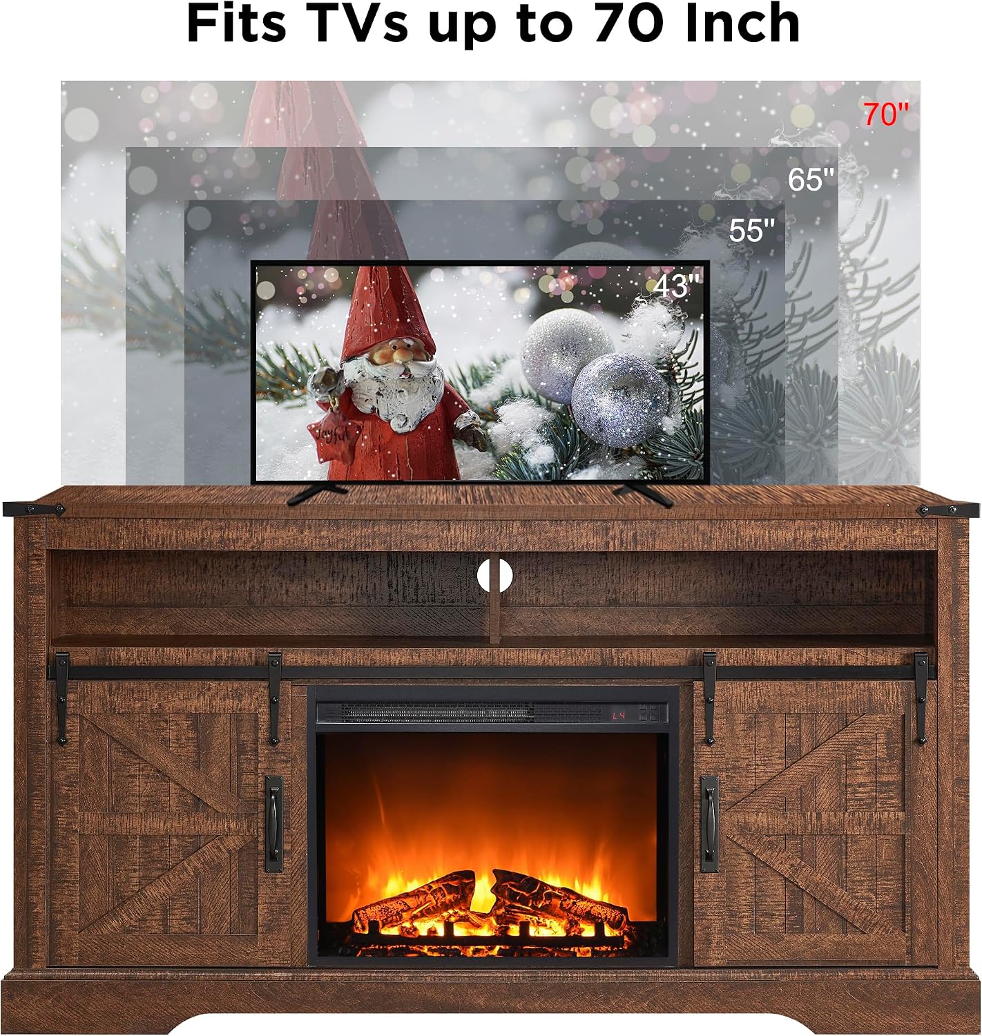 OKD Fireplace TV Stand for 65+ Inch TV, 33' Tall Highboy Farmhouse Entertainment Center w/ 23'' Electric Fireplace, Rustic Media Console w/Sliding Barn Door for Living Room, Reclaimed Barnwood Color