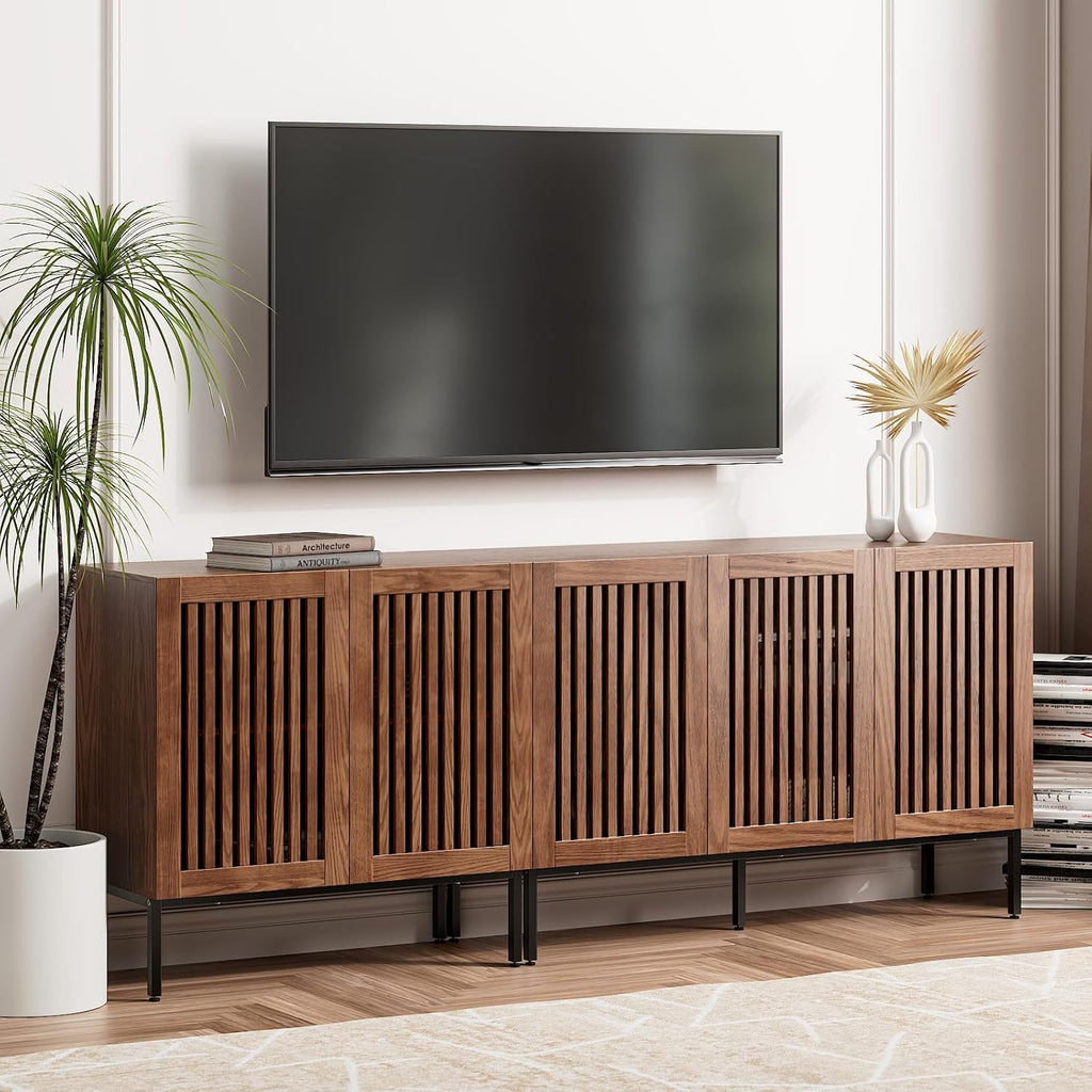 BVIUNTWO Farmhouse TV Stand for TVs up to 85 inch, 2 in 1 Entertainment Center TV Console with Metal Base & Storage Cabinets,Media Console for Living Room, Dark Brown