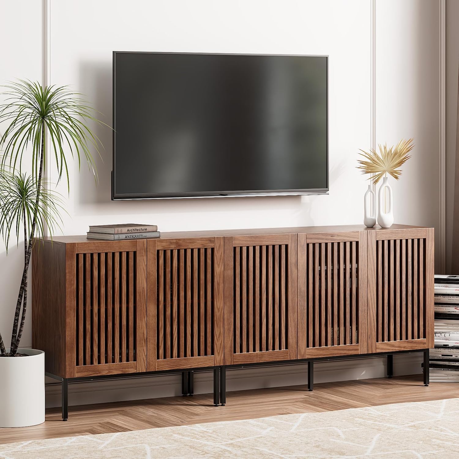 BVIUNTWO Farmhouse TV Stand for TVs up to 85 inch, 2 in 1 Entertainment Center TV Console with Metal Base & Storage Cabinets,Media Console for Living Room, Dark Brown