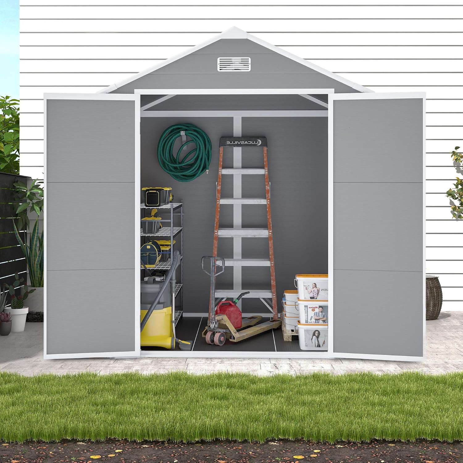 YOPTO 6x5 FT Resin Storage Shed,Garden House with Floor & Lockable Door,Waterproof Plastic Tool Sheds W/Slanting Roof Visual Window & Air Vents for Bicycles,Lawnmowers,Lawn,All Weather Use,Gray