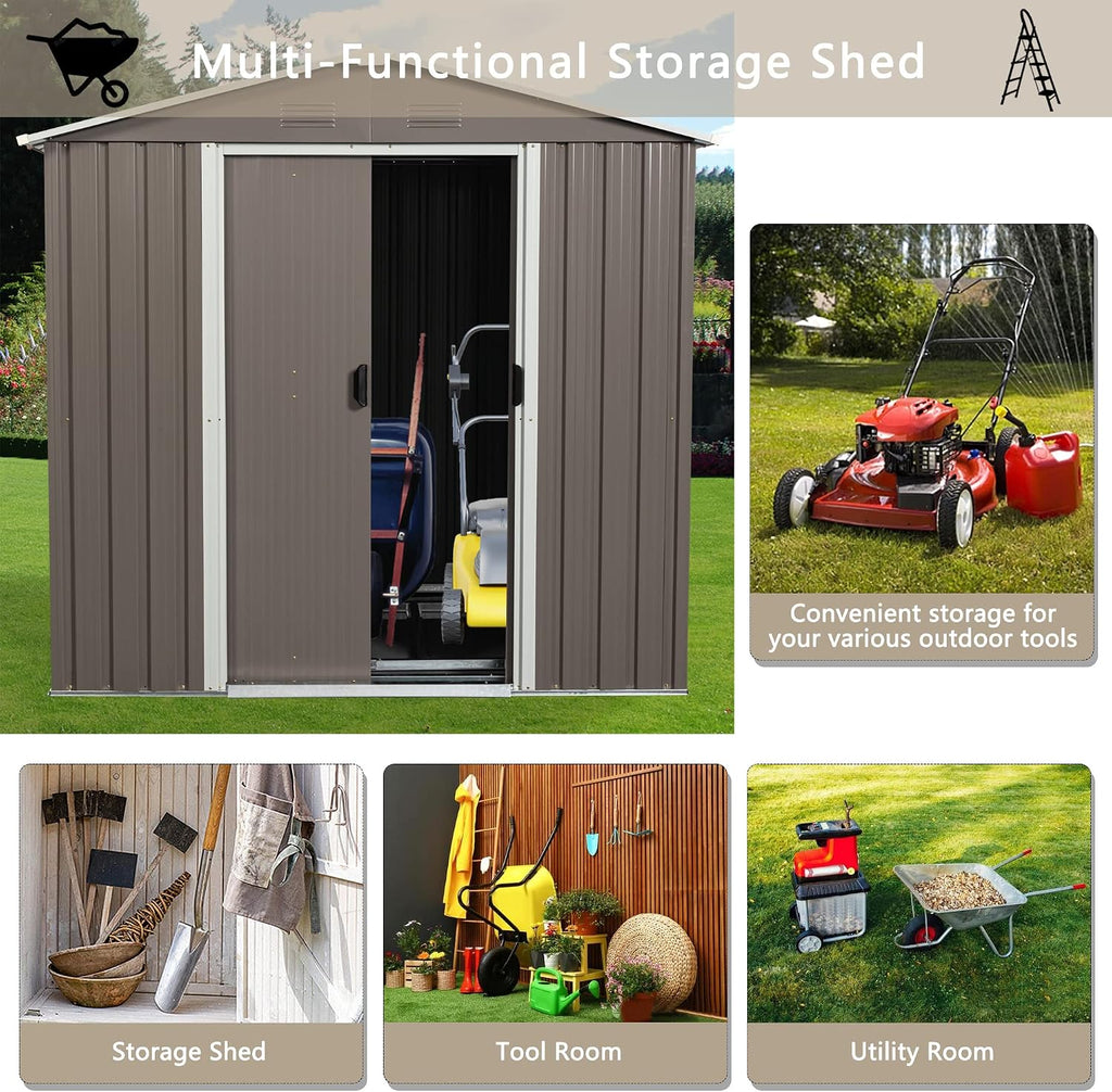 6X5 ft Outdoor Metal Storage Shed with Floor Floor, Lockable Galvanized Steel Tool Shed with Sliding Door and Air Vent, Waterproof Garden Storage House for Backyard, Patio