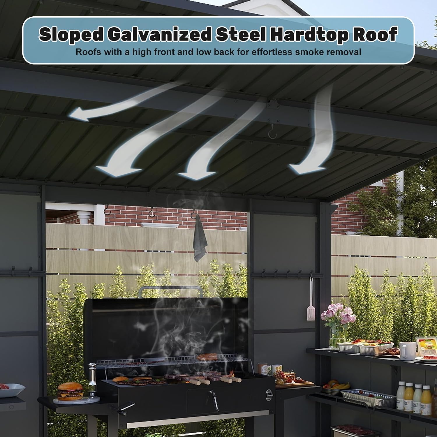 Domi 9x10FT Grill Gazebo Hardtop, BBQ Gazebo for Outdoor Grill with Storage Shelves and Expansion Platform, Metal Permanent Lean-to Canopy for Patio Backyard Lawn, Grey