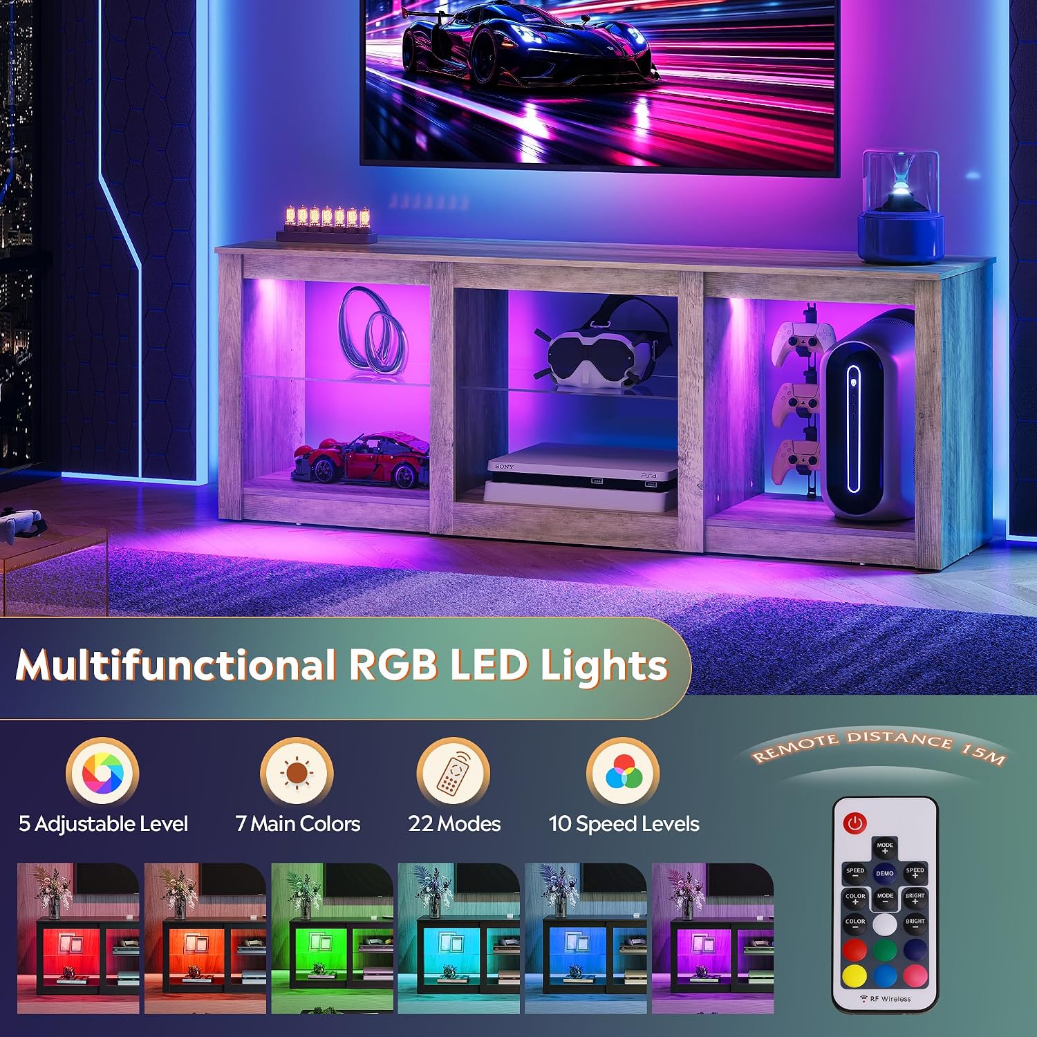 WLIVE Modern LED TV Stand for 65 70 Inch TV, 58' Entertainment Center with Adjustable Glass Shelves & RGB Lights, Wood Media Console Table for Living Room, Bedroom, Gaming Room, Gray Oak